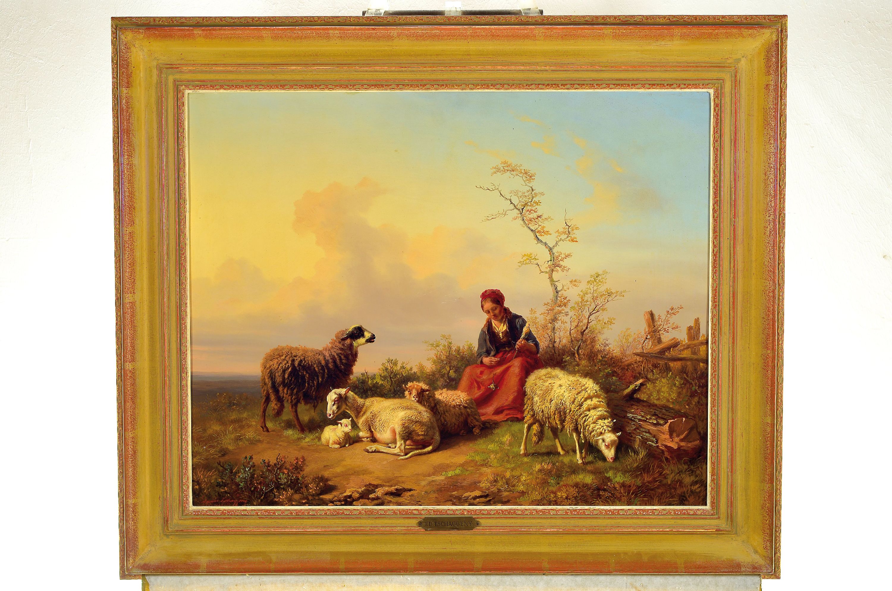 Detail k: Edmund Jean-Baptiste Tschaggeny, 1818-1873 Brüssel, spinnende Schäferin mit ihren Tieren, Öl/Holz, links unten signiert, ca. 54x67cm, R. ca. ...