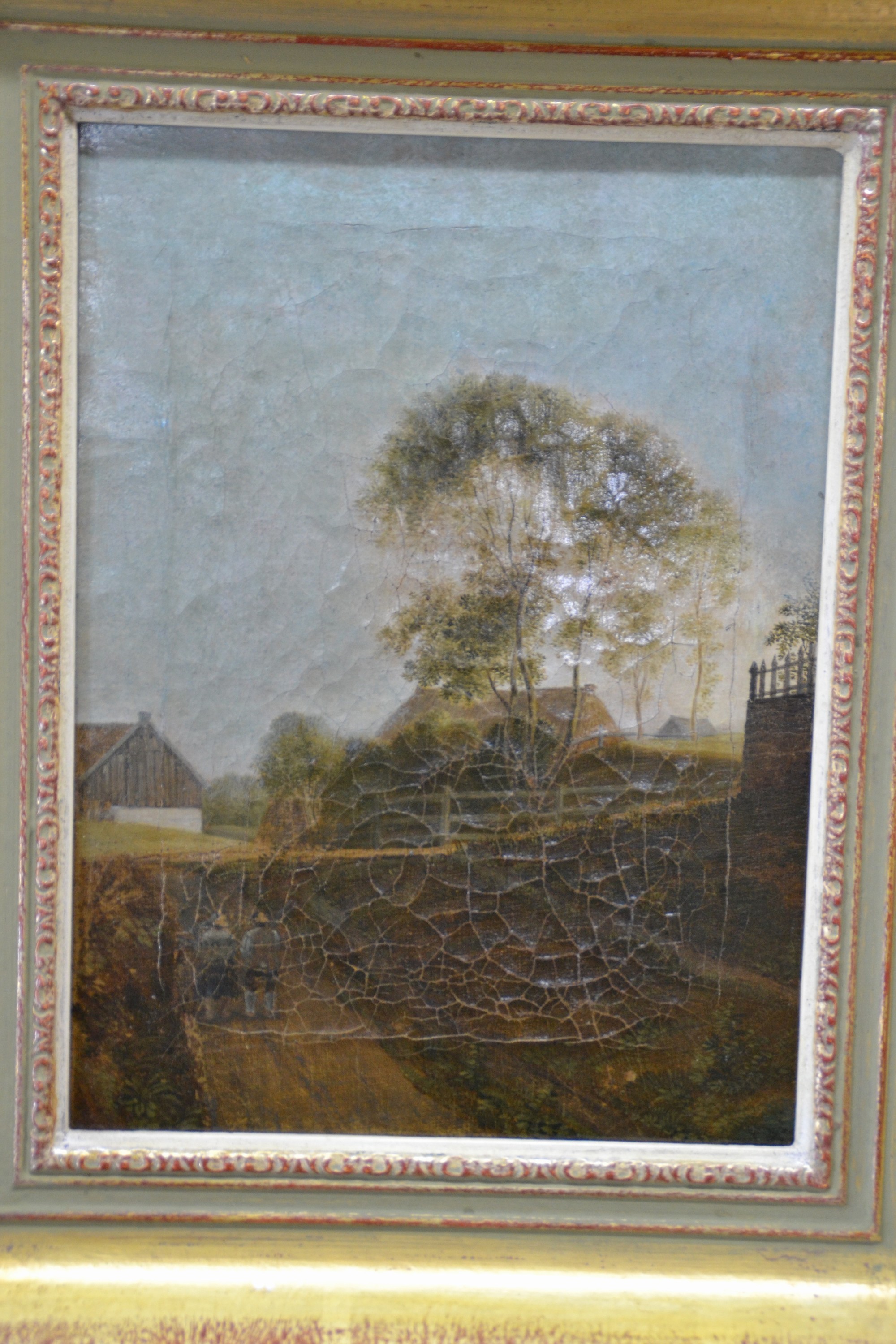 Detail a: Zuschreibung: Max Joseph Wagenbauer, 1775-1829, zwei Personen auf dem Weg zu einem Bauernhof, Öl/Lwd, altersbedingt krakeliert, unsigniert, ca. ...