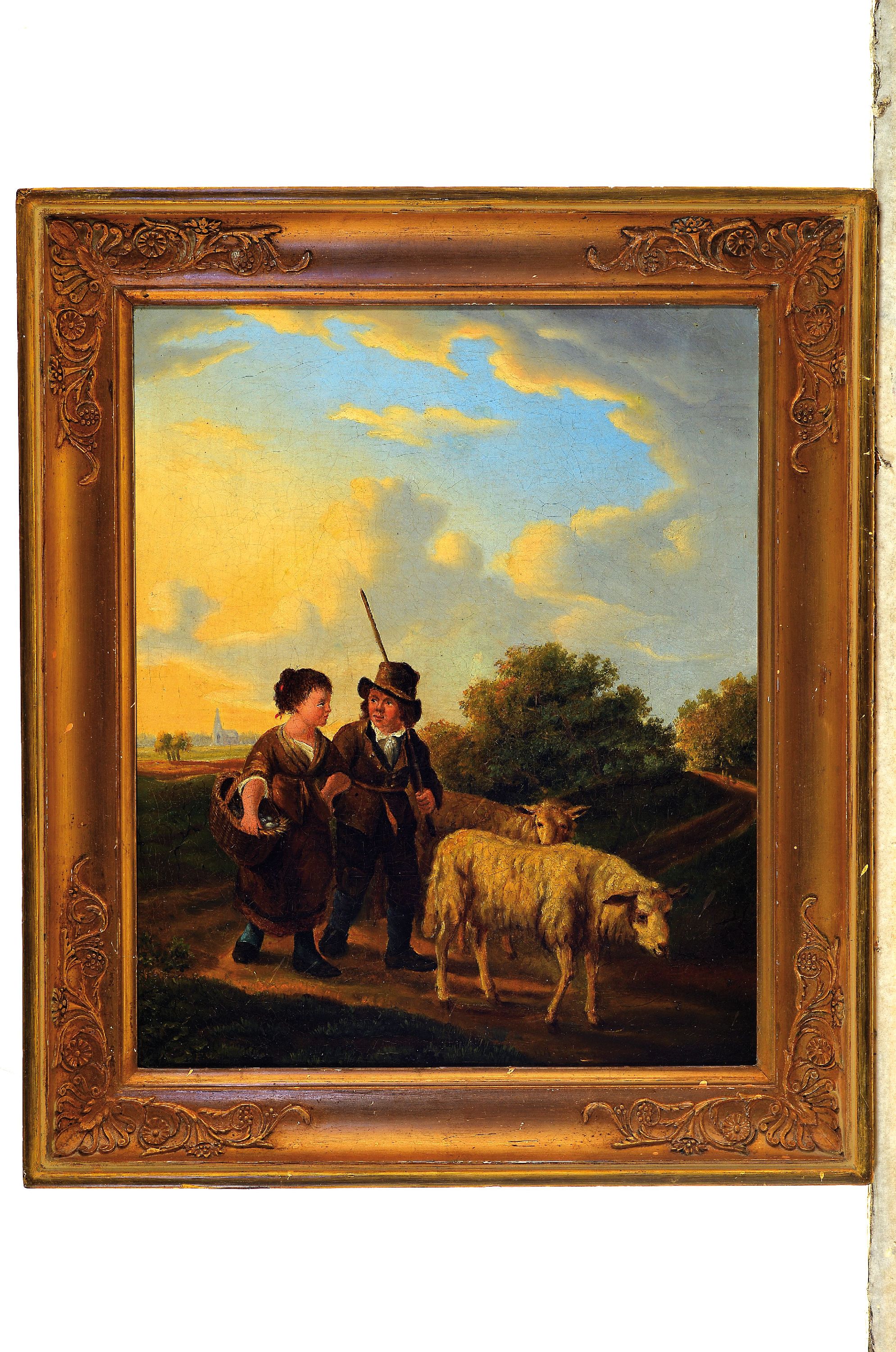 Detail k: Monogrammist F.W., um 1830-40, Bauernpaar mit zwei Schafen auf dem Weg, Öl/Lwd, rest., doubl., links unten monogr., ca. 38x31cm, R. ca. 47x40cm