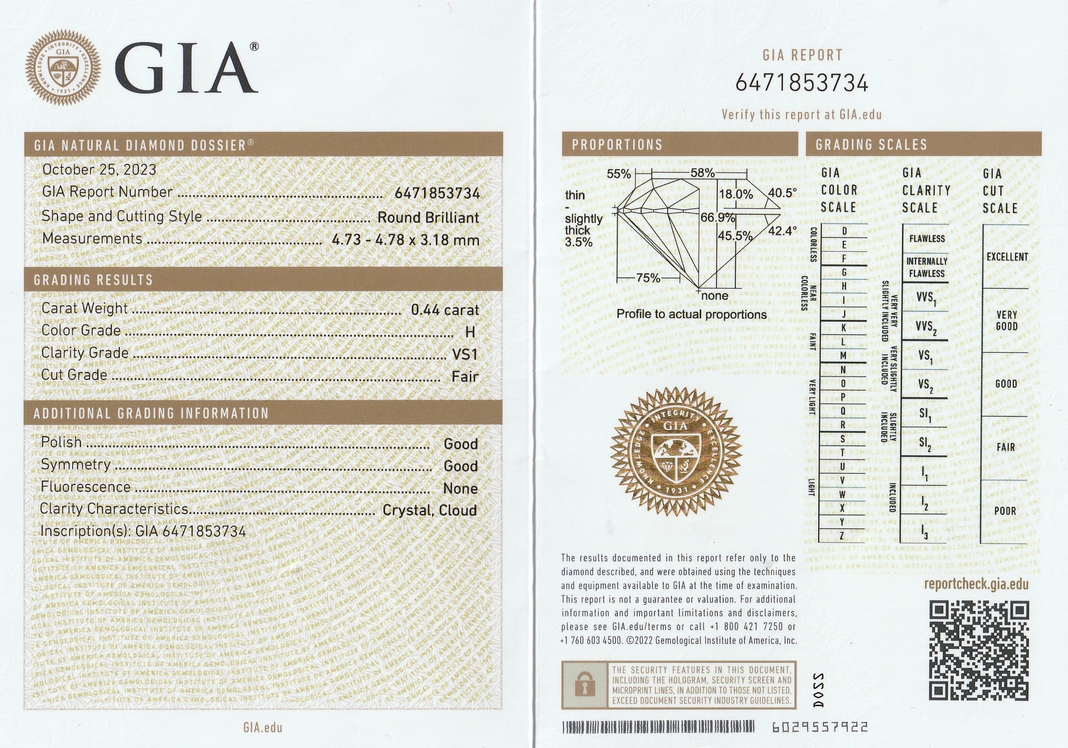 Detail b: Loser Brillant, 0.44 ct Weiß(H)/vs1, mit GIA- Expertise