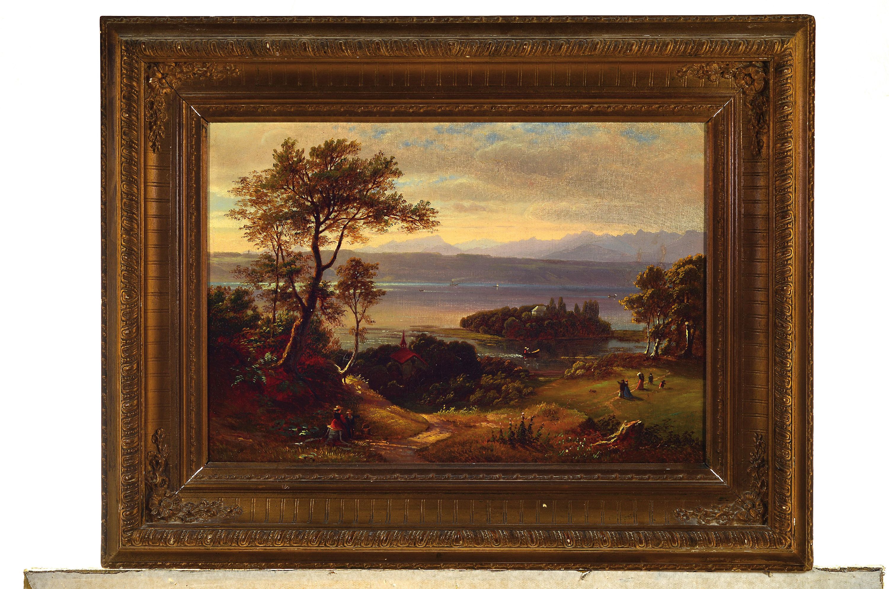 Detail k: Unbekannter Maler des 19. Jh., Partie bei Feldafing mit der Roseninsel im Starnberger See, Öl/Lwd, rest., doubl., rückseitig auf dem Keilrahmen ...