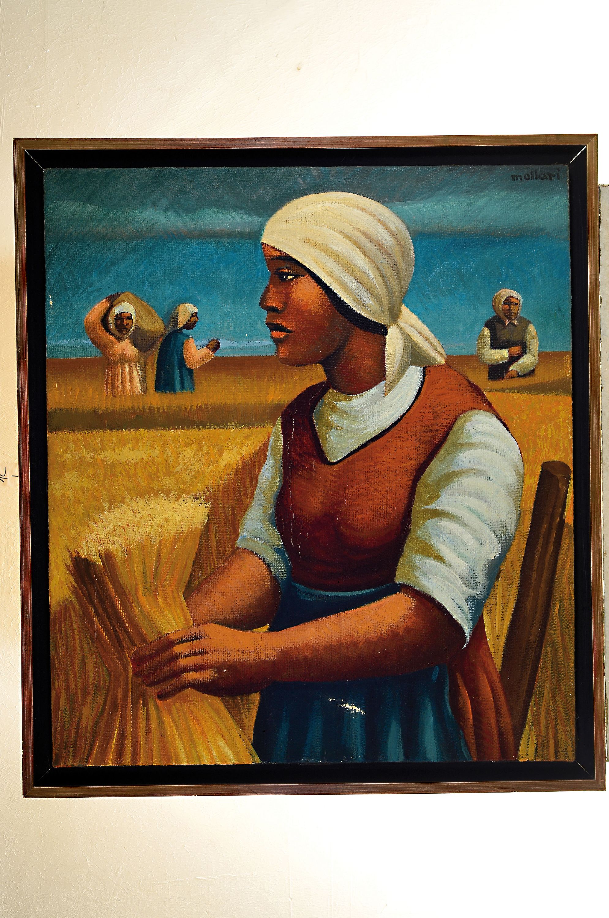 Detail l: Mario Mollari, 1930 Buenos Aires - 2010, argentinischer Maler, bäuerliche Szenerie, Frauen bei der Kornernte, Öl/Lwd, signiert, ca. 80 x 70 cm, ...