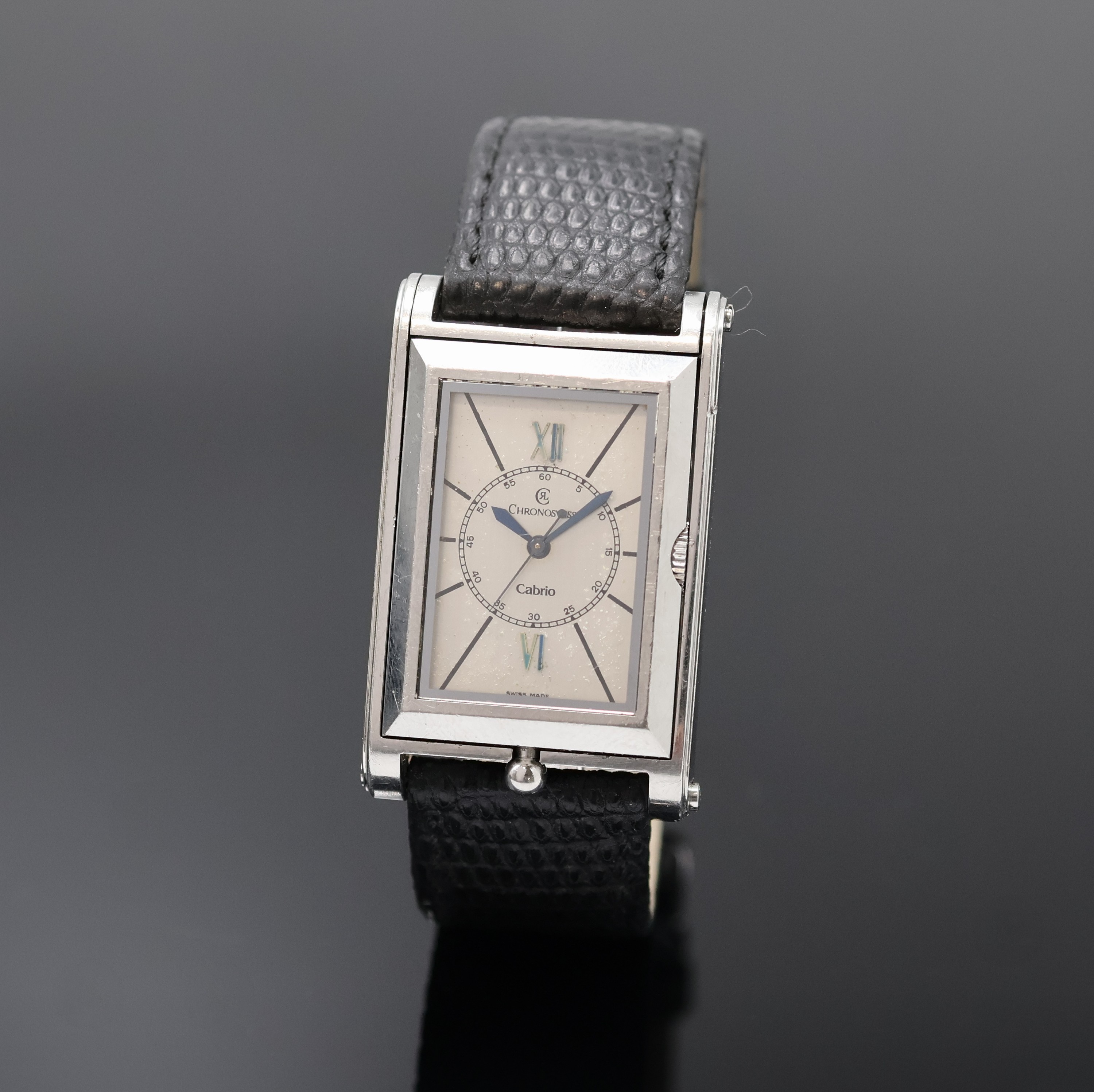 CHRONOSWISS Cabrio Armbanduhr in Stahl, Schweiz um 1995, Automatik, beids. vergl., ausklappbares Wendegeh., Boden 8-fach verschr., silb. Zifferbl. ...