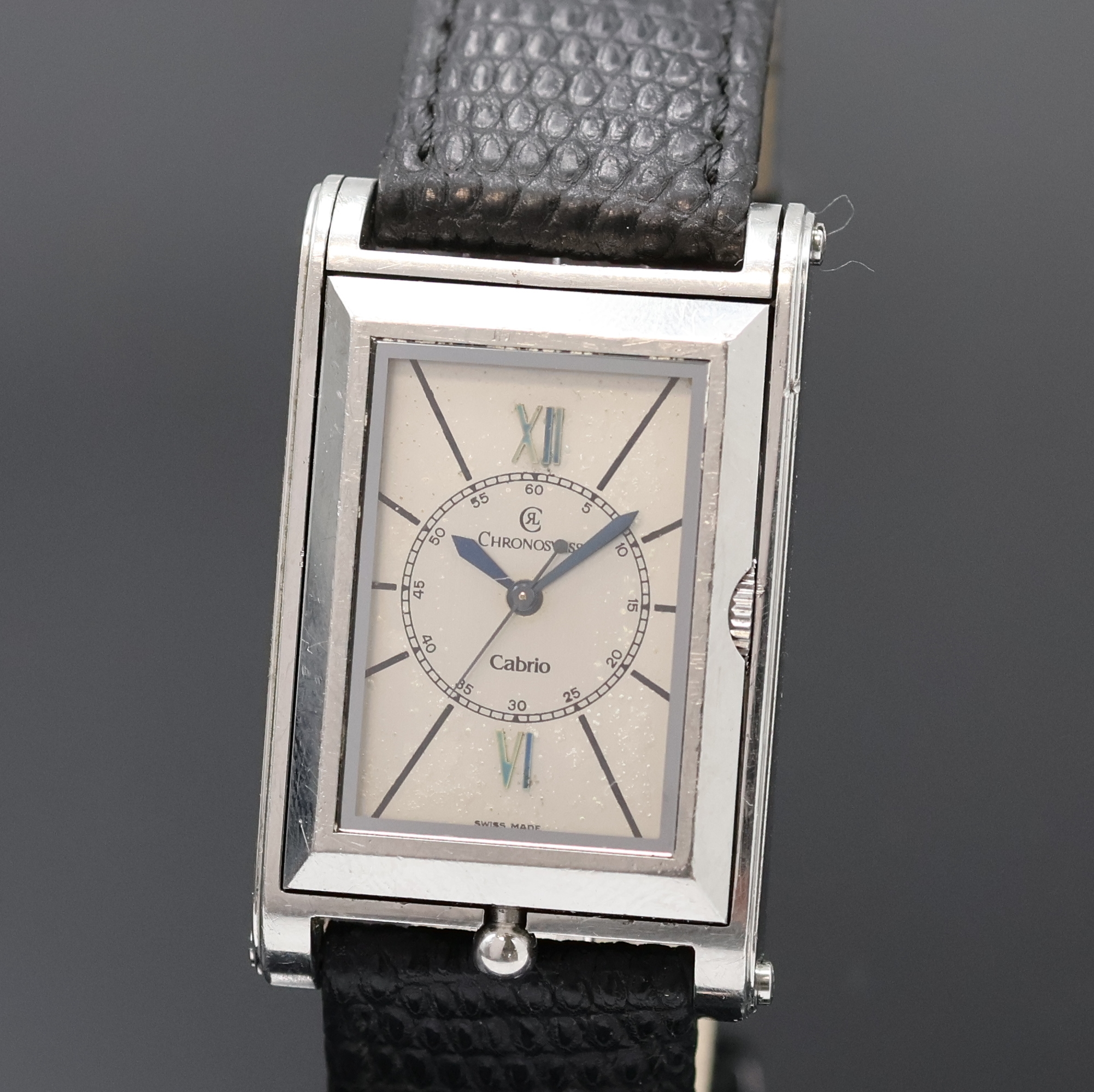 Detail a: CHRONOSWISS Cabrio Armbanduhr in Stahl, Schweiz um 1995, Automatik, beids. vergl., ausklappbares Wendegeh., Boden 8-fach verschr., silb. Zifferbl. ...