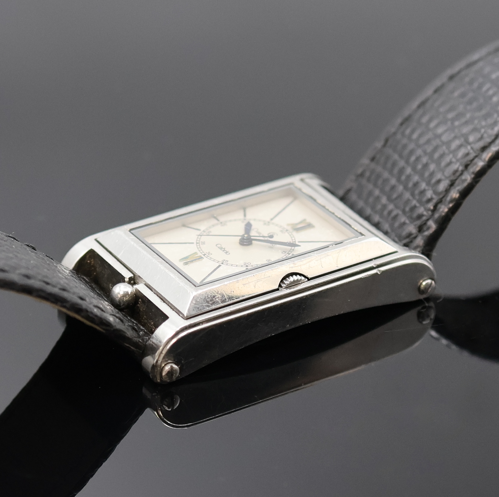 Detail b: CHRONOSWISS Cabrio Armbanduhr in Stahl, Schweiz um 1995, Automatik, beids. vergl., ausklappbares Wendegeh., Boden 8-fach verschr., silb. Zifferbl. ...