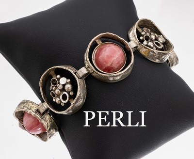 Image PERLI Armband mit Rhodochrosit, deutsch 1960erJahre, 7-gliedrig mit wuchtigen Kreisen ...