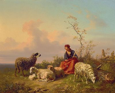 Image 26938015 - Edmund Jean-Baptiste Tschaggeny, 1818-1873 Brüssel, spinnende Schäferin mit ...