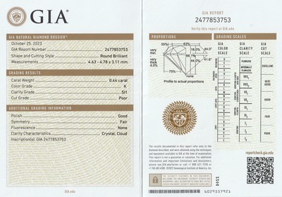 26938021b - Loser Brillant, 0.44 ct get.Weiß(K)/si1, mit GIA-Expertise Schätzpreis: 1200, ...