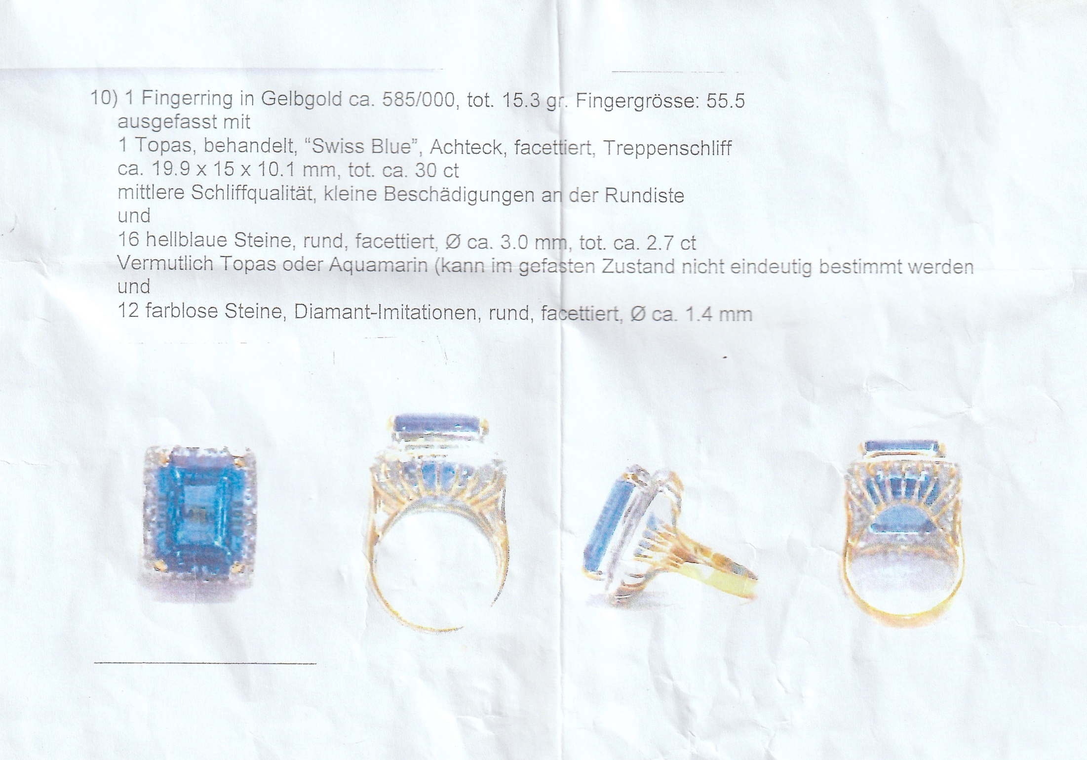Detail a: 14 kt Gold Topas-Ring, GG 585/000, facett. Topas ca. 30 ct (beh.) "Swiss Blue", 16 rundfacett. Topase (beh.) zus. ca. 1.60 ct,12 ...