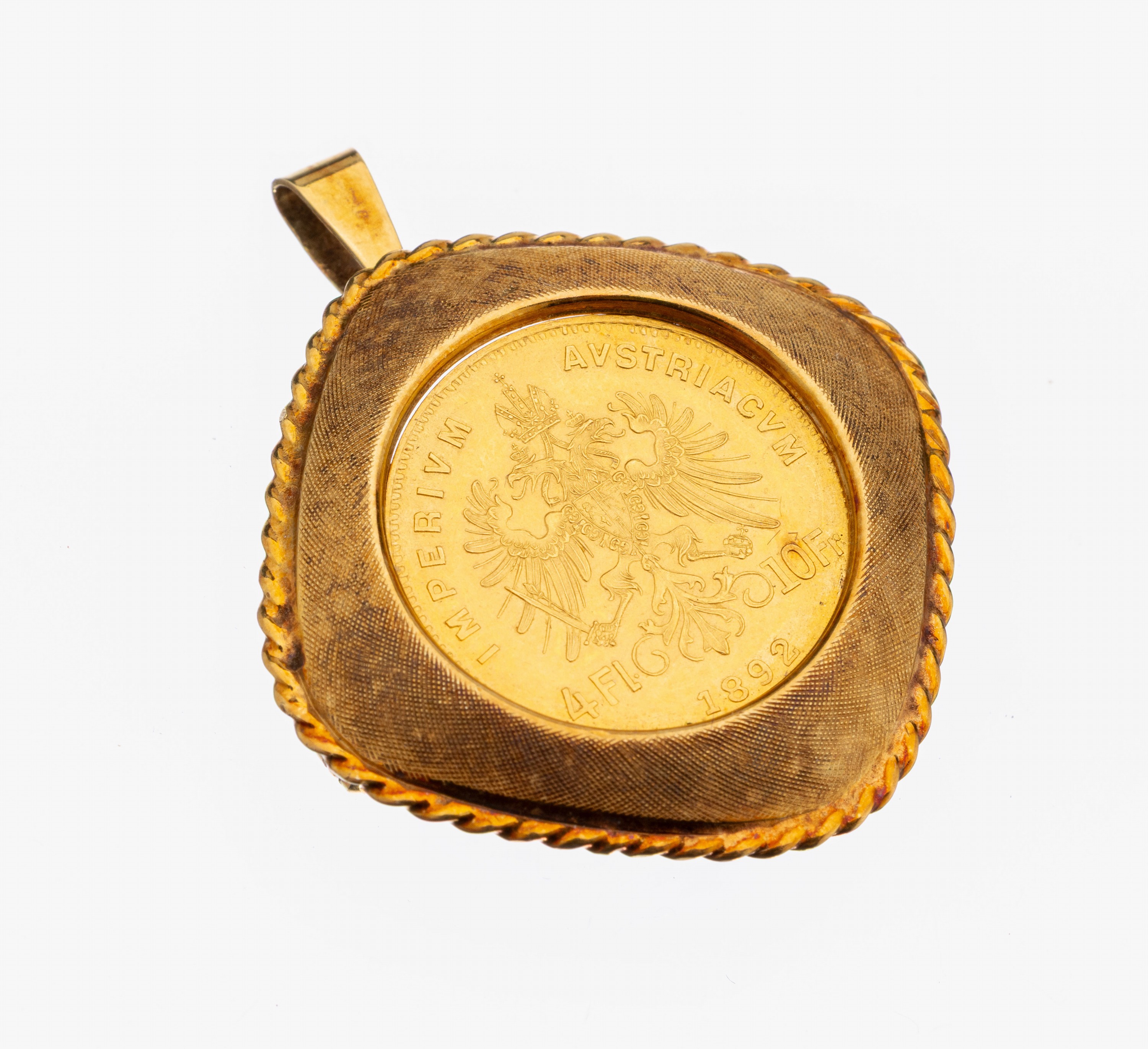 14 kt Gold Münz-Brosche, GG 585/000, gefasste Goldmünze, 4 Florin 1892, Österreich-Ungarn, Franz Joseph I., ca. 7.2 g,auch als Anhänger tragbar, ...