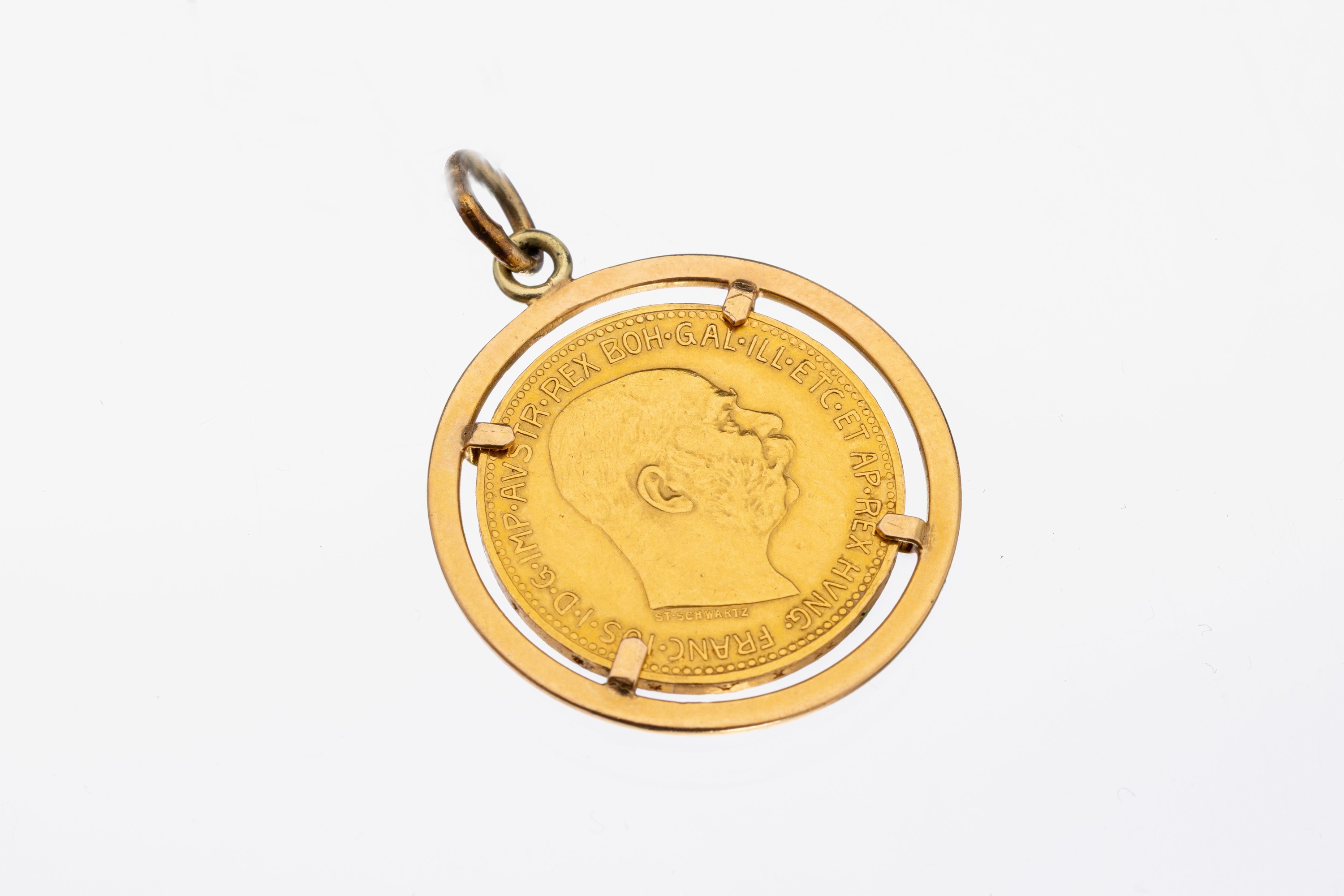 14 kt Gold Münz-Anhänger, GG 585/000, gefasste Goldmünze, 20 Kronen, Österreich- Ungarn, Franz Joseph I., offizielle Nachprägung, 1915, ca. 8.9 ...