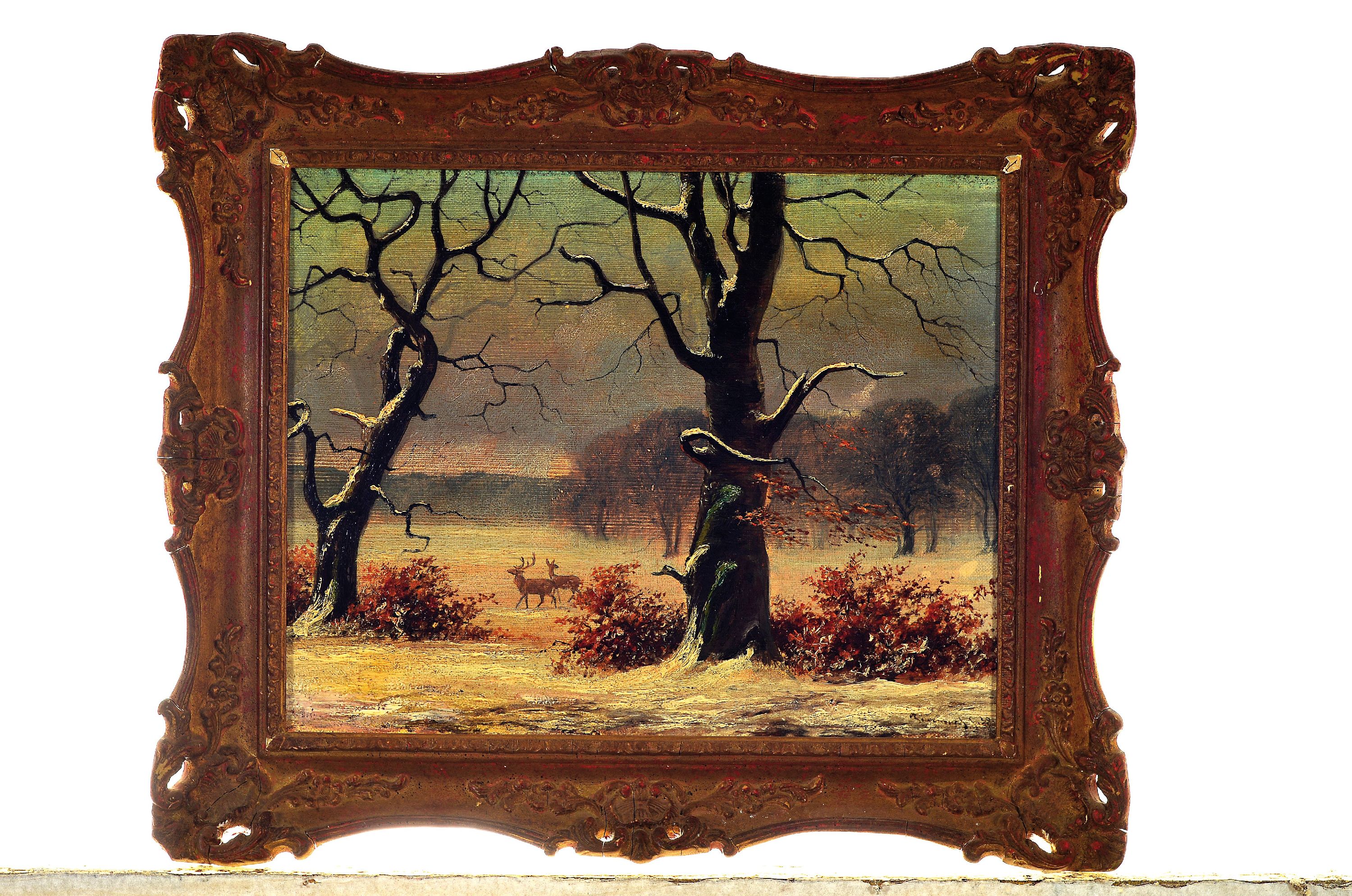 Detail k: Unleserlich signiert R....., Mitte 19. Jh., Winterlandschaft mit Hirschen, re. unten signiert und datiert 59, ca. 24 x 32 cm, Rahmen, l. Druckstellen ...