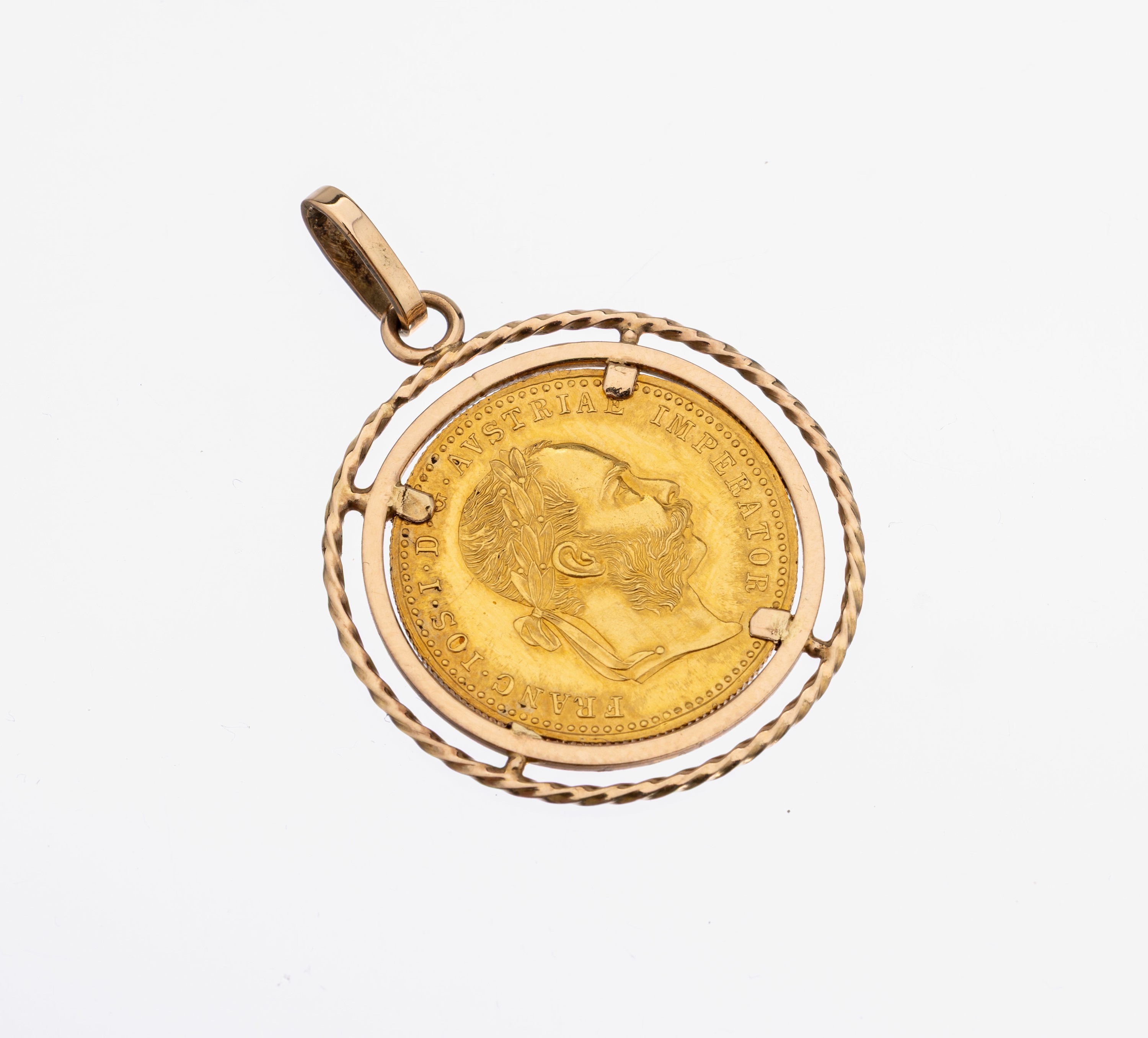 18 kt Gold Münz-Anhänger, RoseG 750/000, lose gefasste Goldmünze, 1 Dukat, Österreich- Ungarn, 1915 offizielle Nachprägung, schlichteRahmung, ...