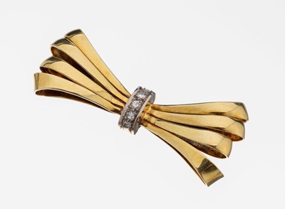 Image 14 kt Gold Diamant-Brosche, GG/WG 585/000, Schleife, mittig 5 in WG gefasste 8/8 ...