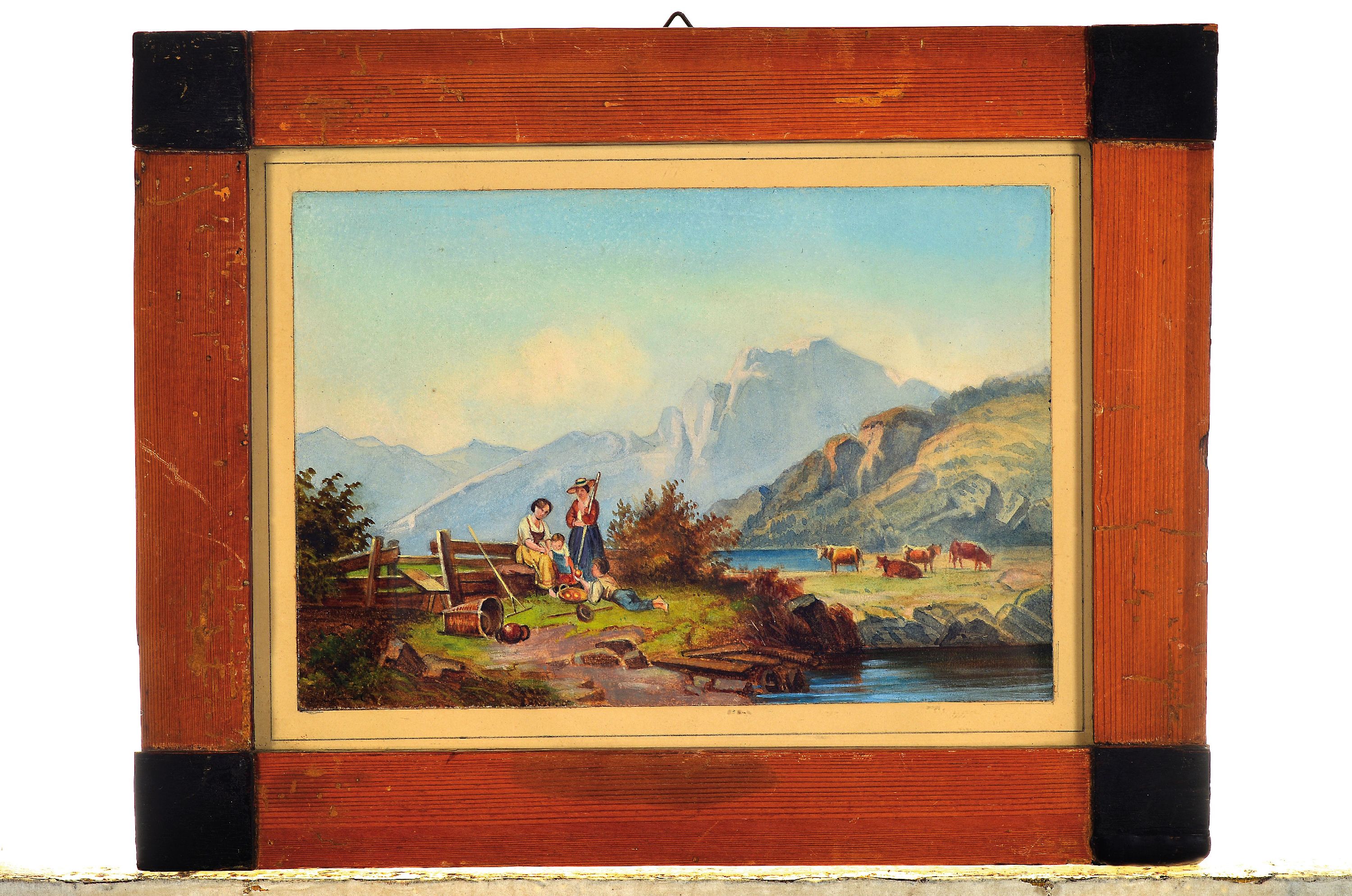 Detail k: Eduard Lind, 1827-1904, Frauen und Kinder beim Hüten von Kühen in Gebirgslandschaft, Aquarell auf Papier, links unten sign., ca. 15x22cm, u.Gl., ...