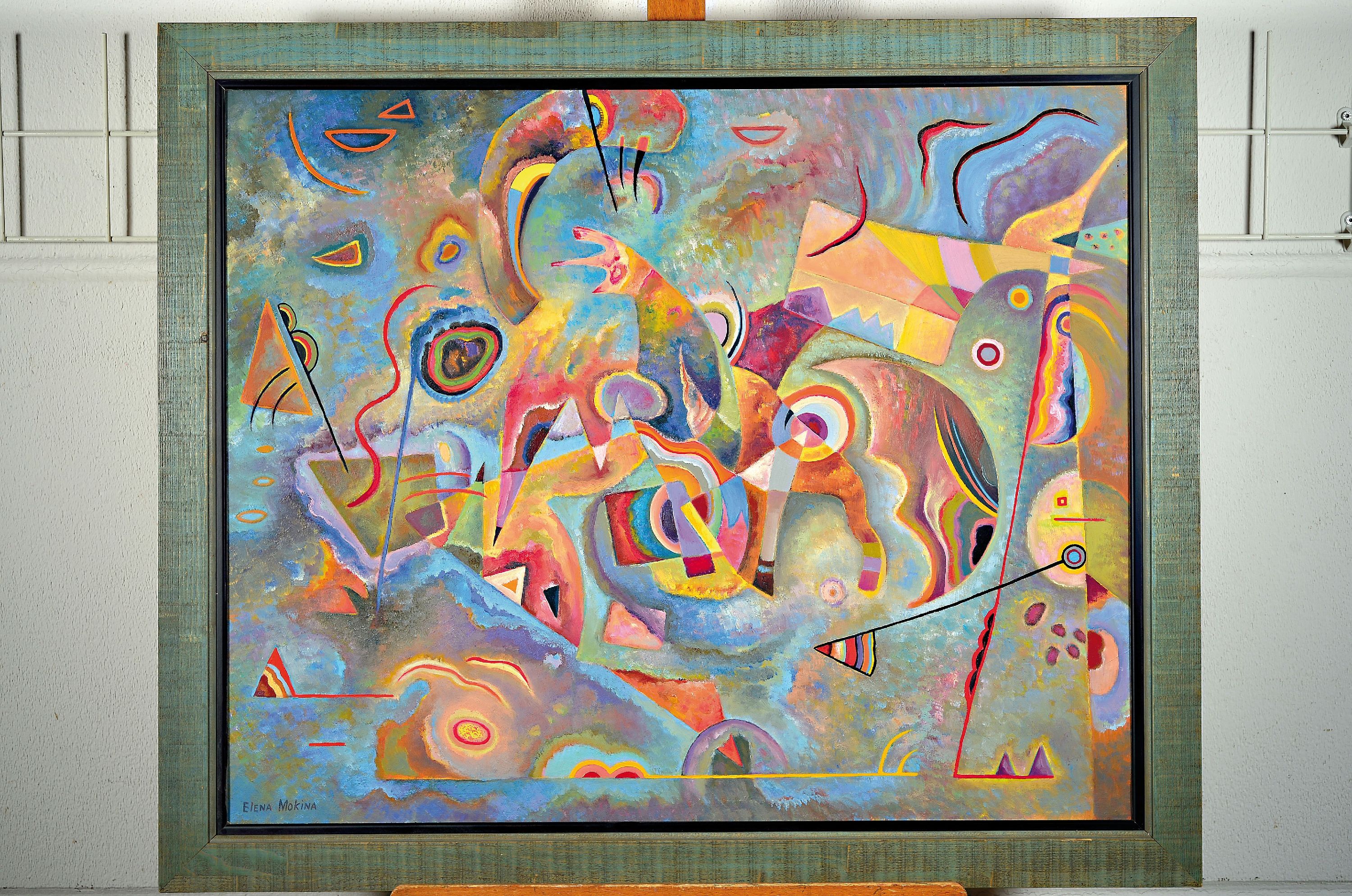 Detail k: Elena Mokina, geb. 1960 Sotschi, lebt und arbeitet in Deutschland, Rot-Gelb auf Blau, Öl/Lwd, sign., rückseitig betitelt und dat. 1994, ca. ...
