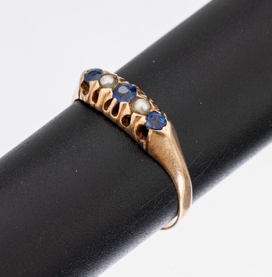 Image 14 kt Gold Saphir-Perl-Ring, um 1900, RG 585/000, schlichte Gestaltung, 3 kl. ...