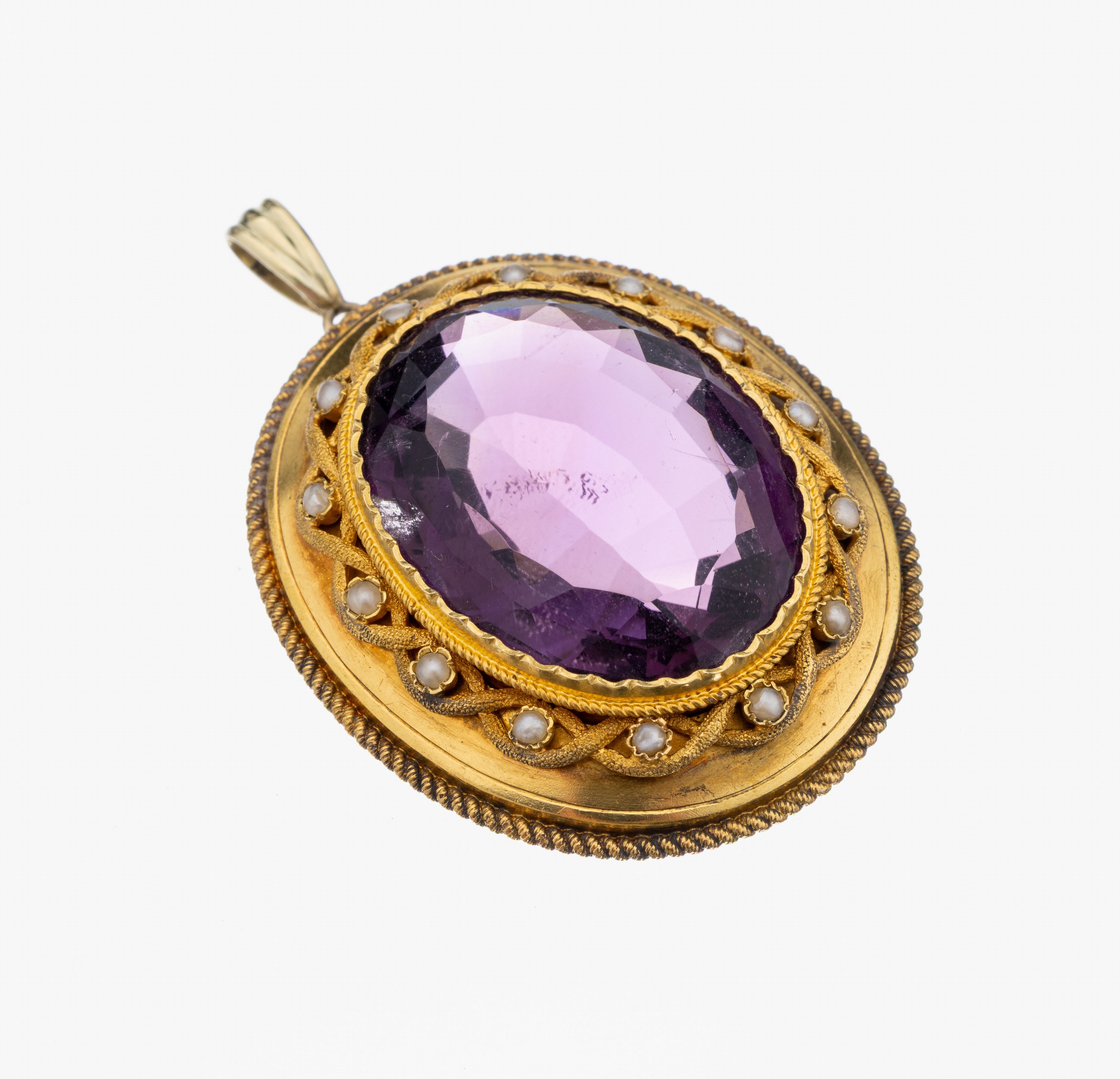 14 kt Gold Amethyst-Perl-Anhänger, um 1860-80, GG 585/000 gepr., part. feinvergoldet, feine Arbeit, mittig ovalfacett. Amethyst ca. 49.0 ct, umgeben ...
