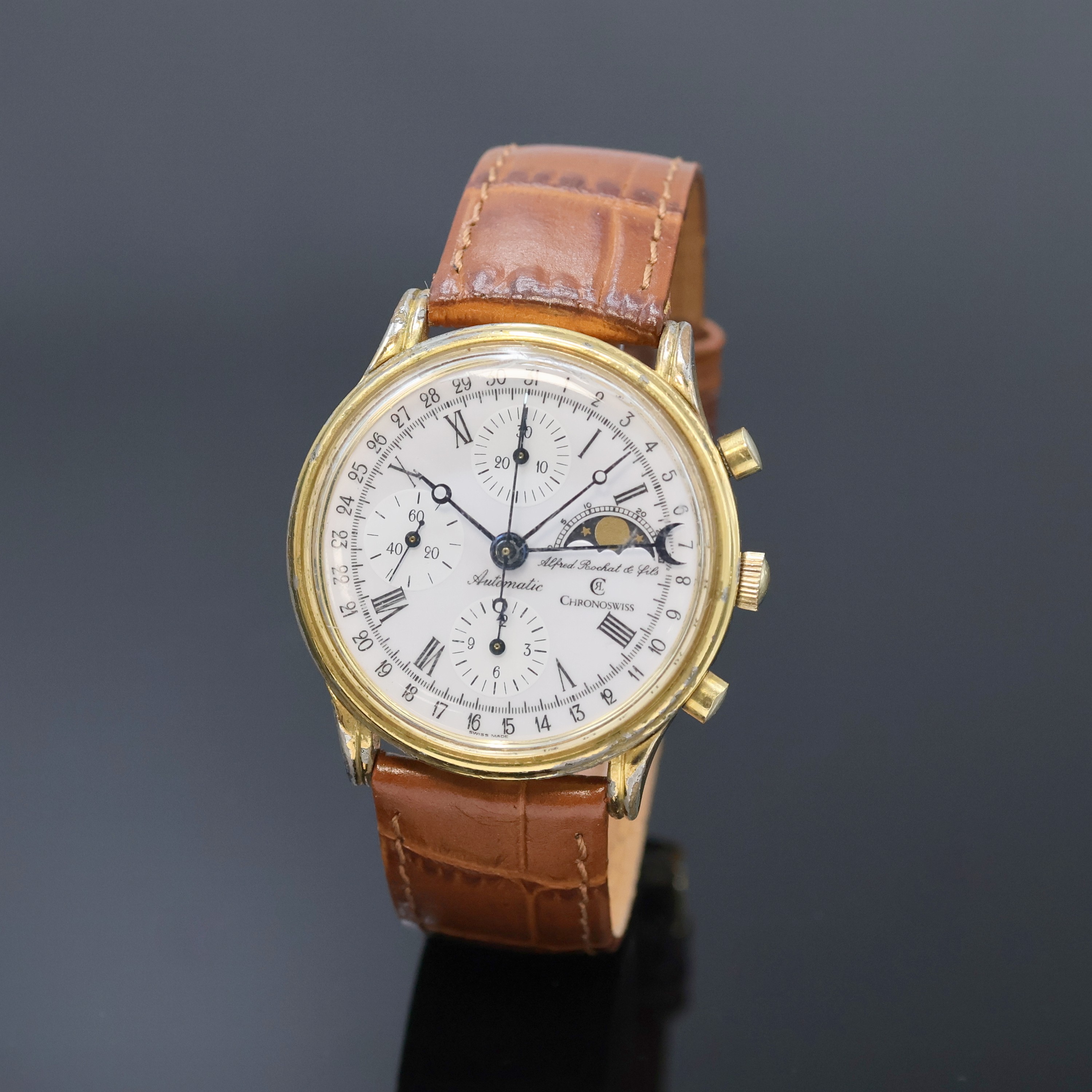 CHRONOSWISS / ALFRED ROCHAT & FILS Armbandchronograph Referenz 77990, Automatik, Schweiz um 1995, verg. Metallgeh. stark ber., Edelstahlboden ...