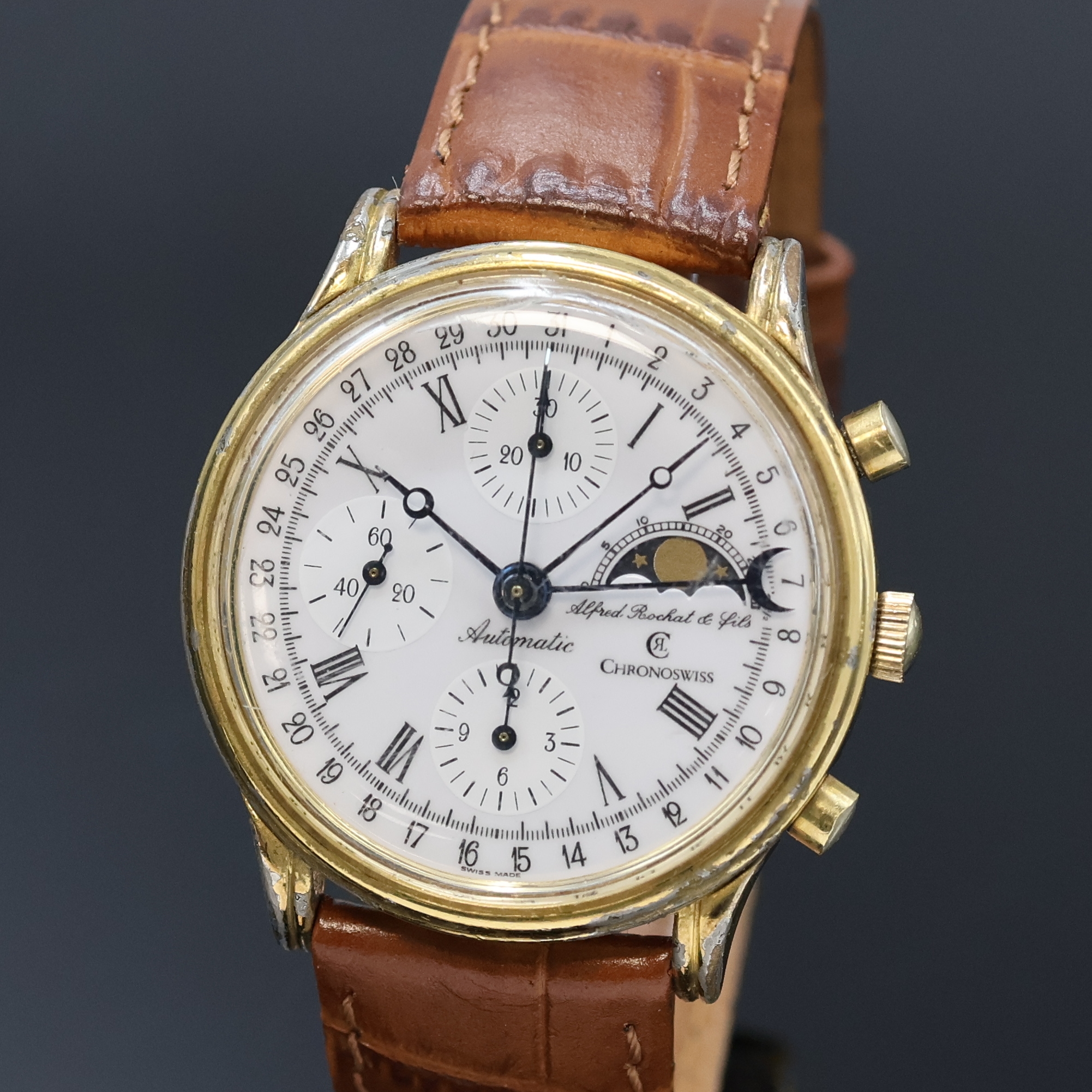 Detail a: CHRONOSWISS / ALFRED ROCHAT & FILS Armbandchronograph Referenz 77990, Automatik, Schweiz um 1995, verg. Metallgeh. stark ber., Edelstahlboden ...