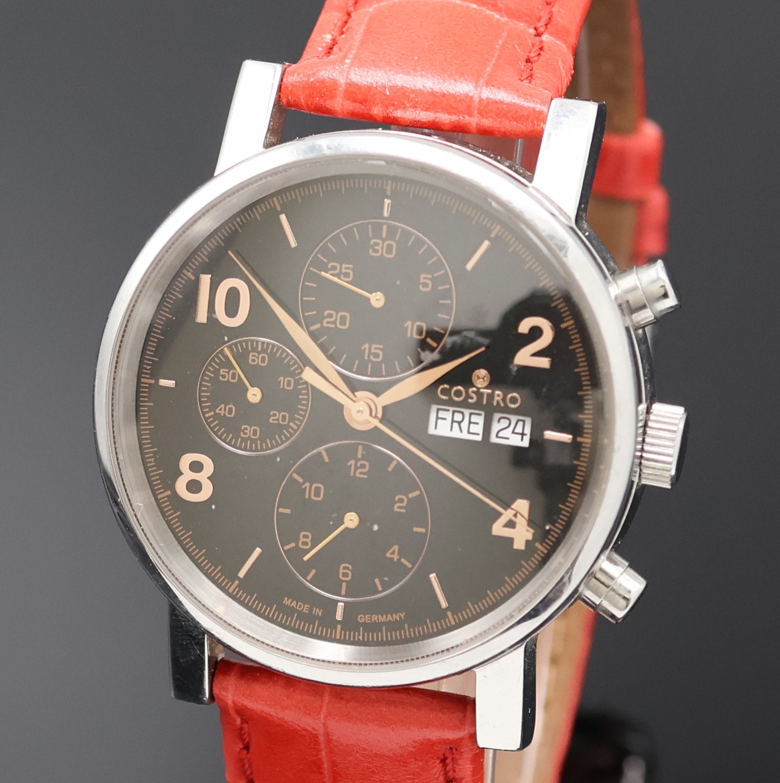 Detail a: COSTRO Armbandchronograph, Automatik, beids. vergl., Lederband m. Dornschl., schwarzes Zifferbl. m. arab. Zahlen, kl. Sek., 30 Min- Zähler, 12 ...