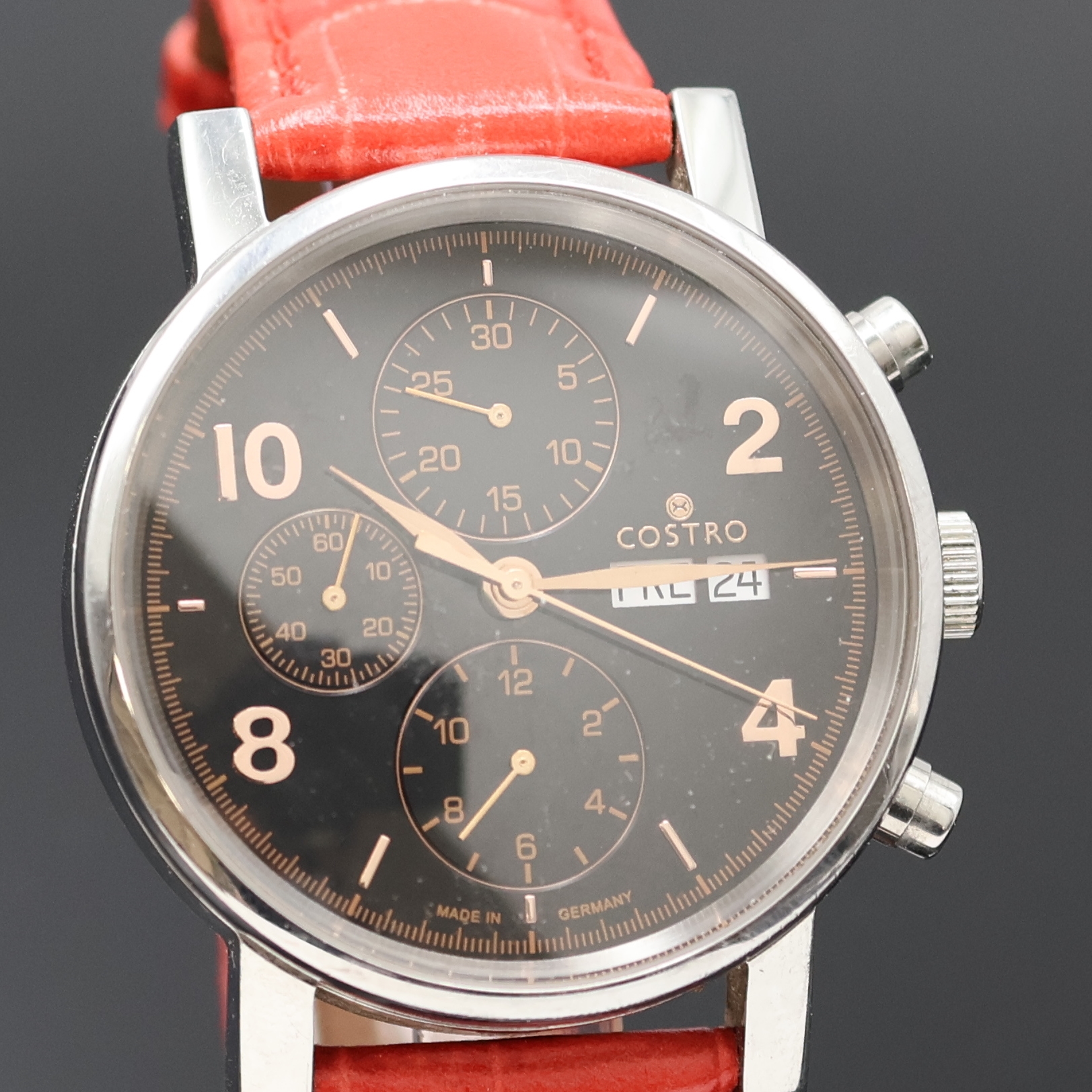 Detail c: COSTRO Armbandchronograph, Automatik, beids. vergl., Lederband m. Dornschl., schwarzes Zifferbl. m. arab. Zahlen, kl. Sek., 30 Min- Zähler, 12 ...