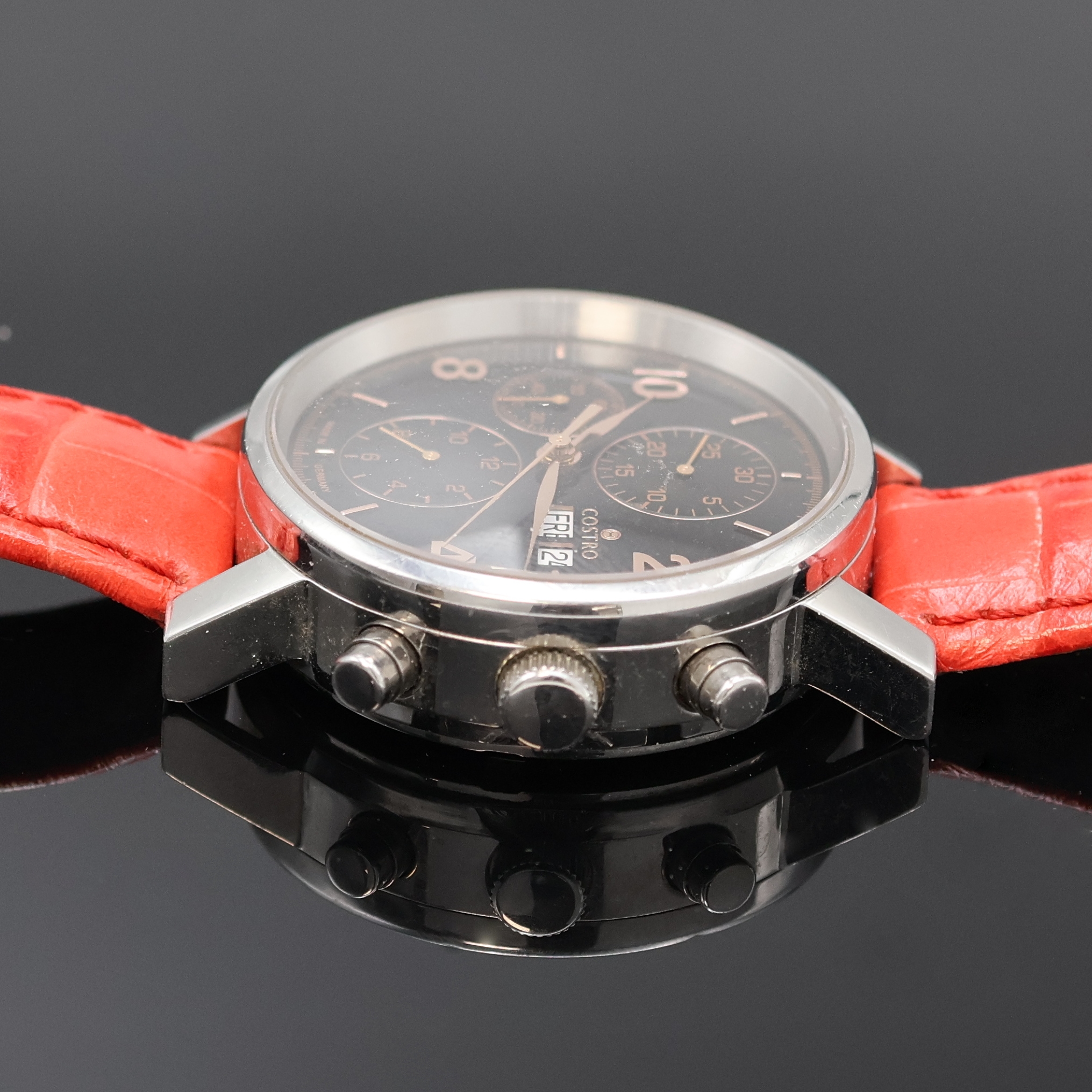 Detail d: COSTRO Armbandchronograph, Automatik, beids. vergl., Lederband m. Dornschl., schwarzes Zifferbl. m. arab. Zahlen, kl. Sek., 30 Min- Zähler, 12 ...
