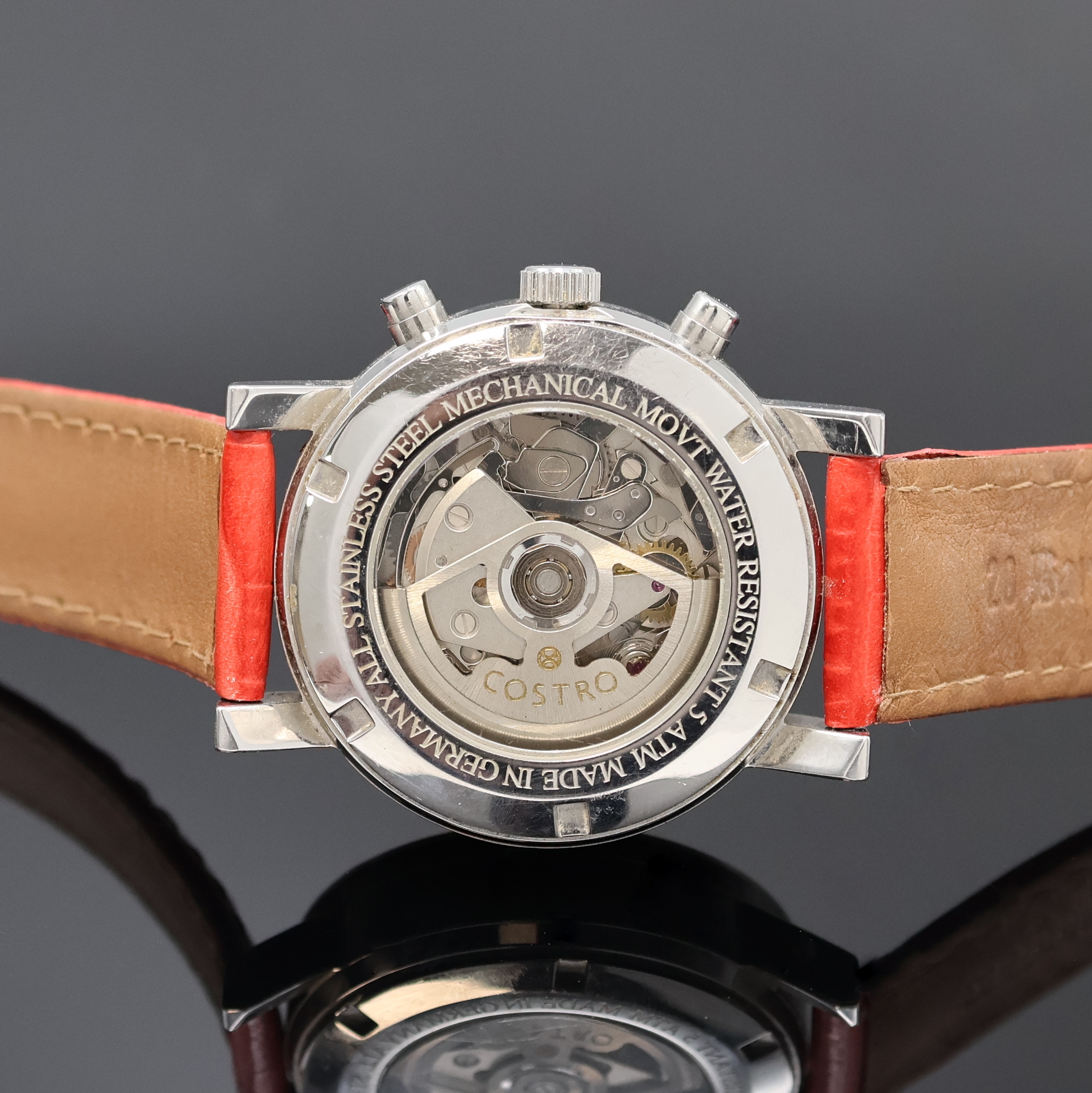 Detail e: COSTRO Armbandchronograph, Automatik, beids. vergl., Lederband m. Dornschl., schwarzes Zifferbl. m. arab. Zahlen, kl. Sek., 30 Min- Zähler, 12 ...