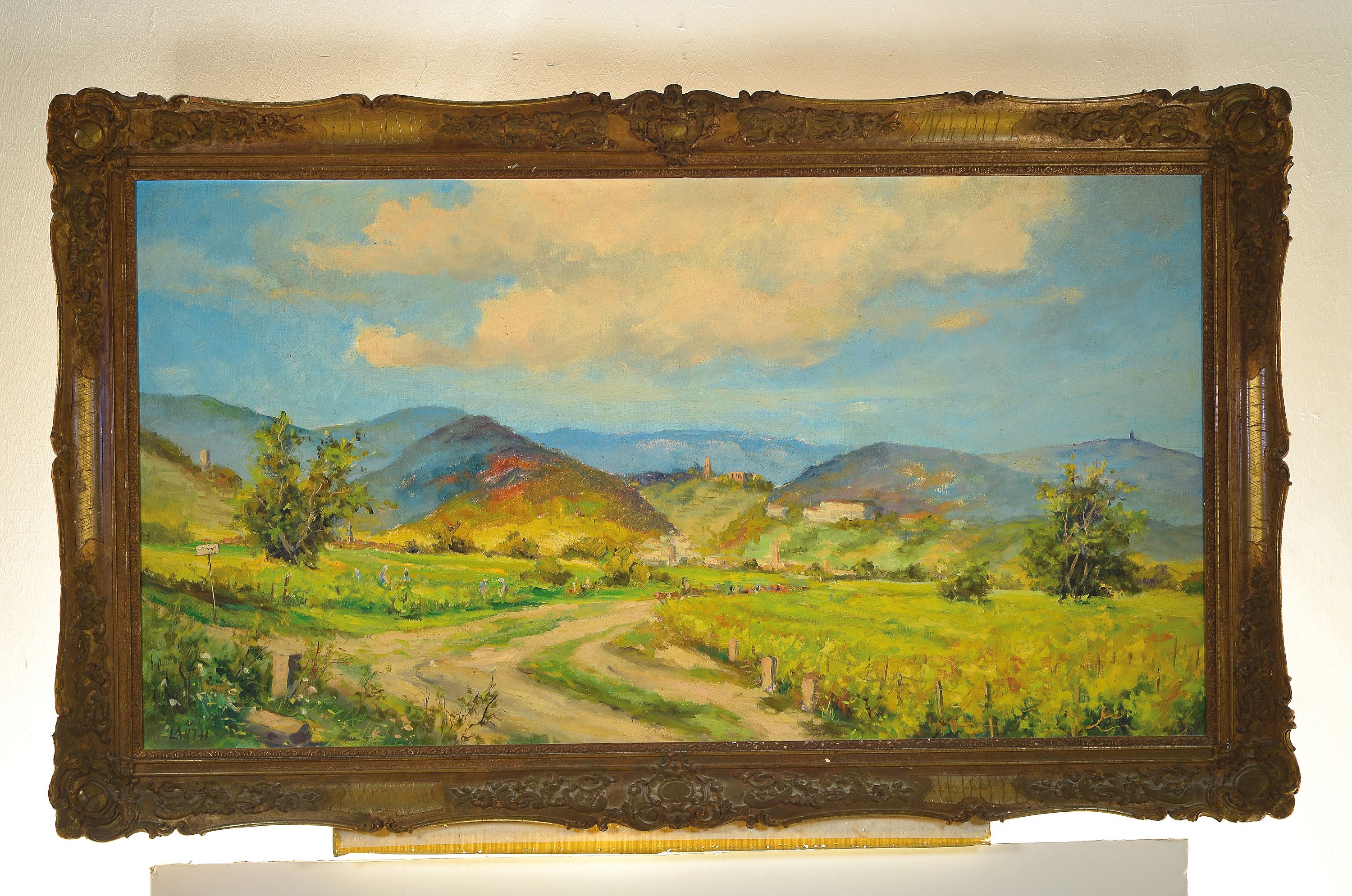 Detail k: Robert Lauth, 1896-1985 Ludwigshafen, Blick auf die Limburg, die Wachtenburg und den Bismarckturm, Öl/Lwd, links unten signiert, ca. 70x130cm, R. ...