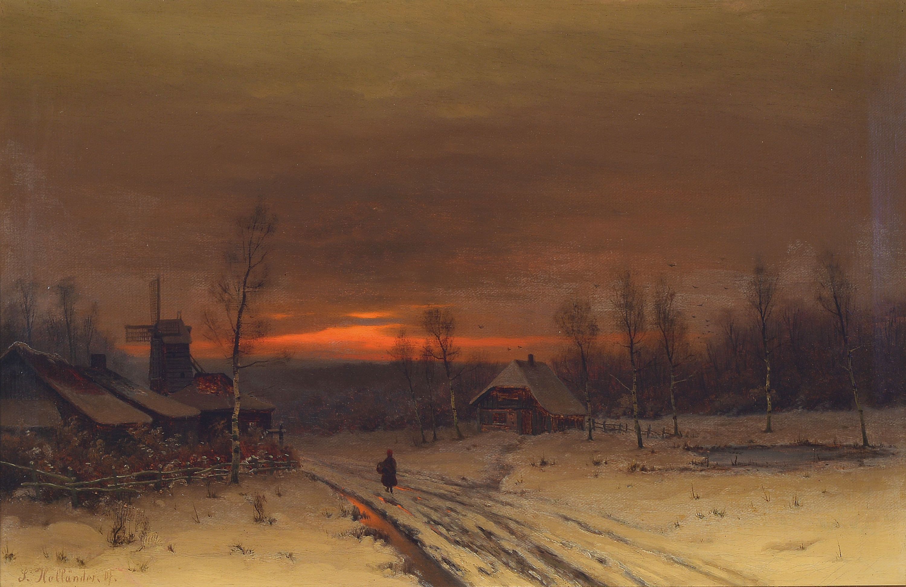L. Holländer, Düsseldorfer Schule, 19. Jahrhundert, Winterlandschaft in der Morgenröte mit Frau, Öl/Lwd, qualitätvolle lasierende Malerei, ...