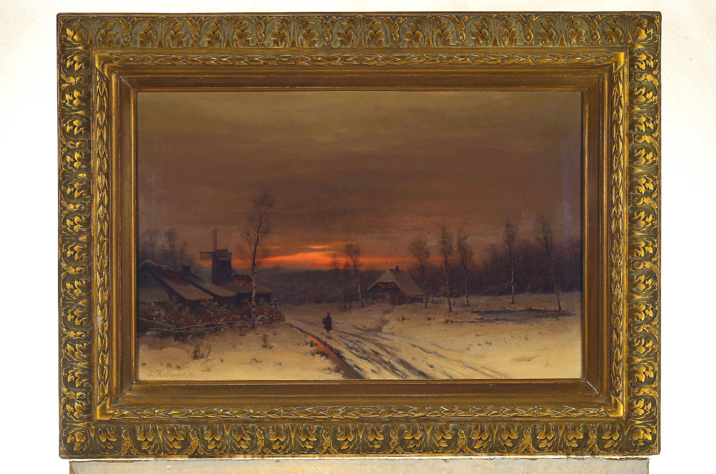 Detail k: L. Holländer, Düsseldorfer Schule, 19. Jahrhundert, Winterlandschaft in der Morgenröte mit Frau, Öl/Lwd, qualitätvolle lasierende Malerei, ...
