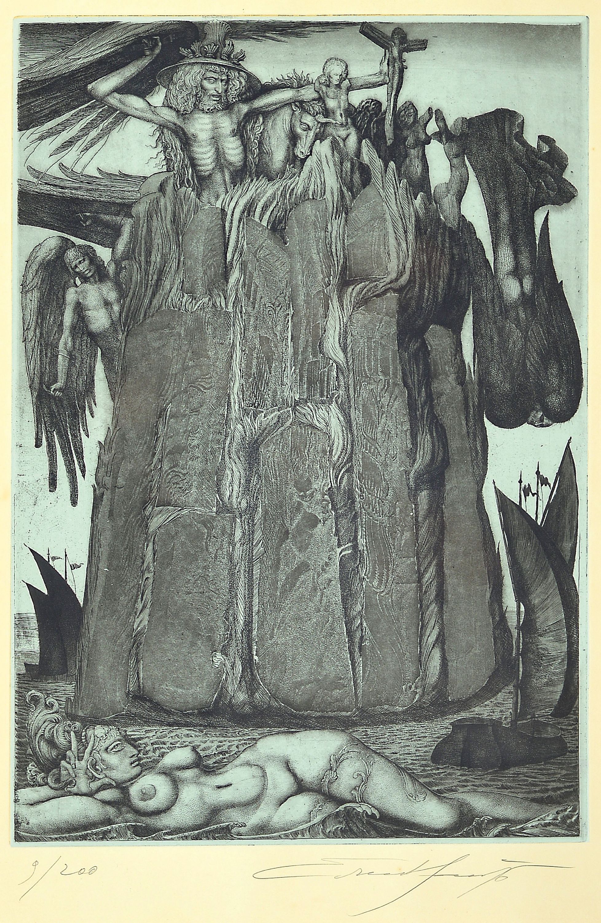Ernst Fuchs,1930-2015, Radierung, Das Gefängnis des Ikarus, num. 9/200, handsigniert, blau getönter Untergrund, Platte: ca. 50 x 35 cm, Rahmen ...