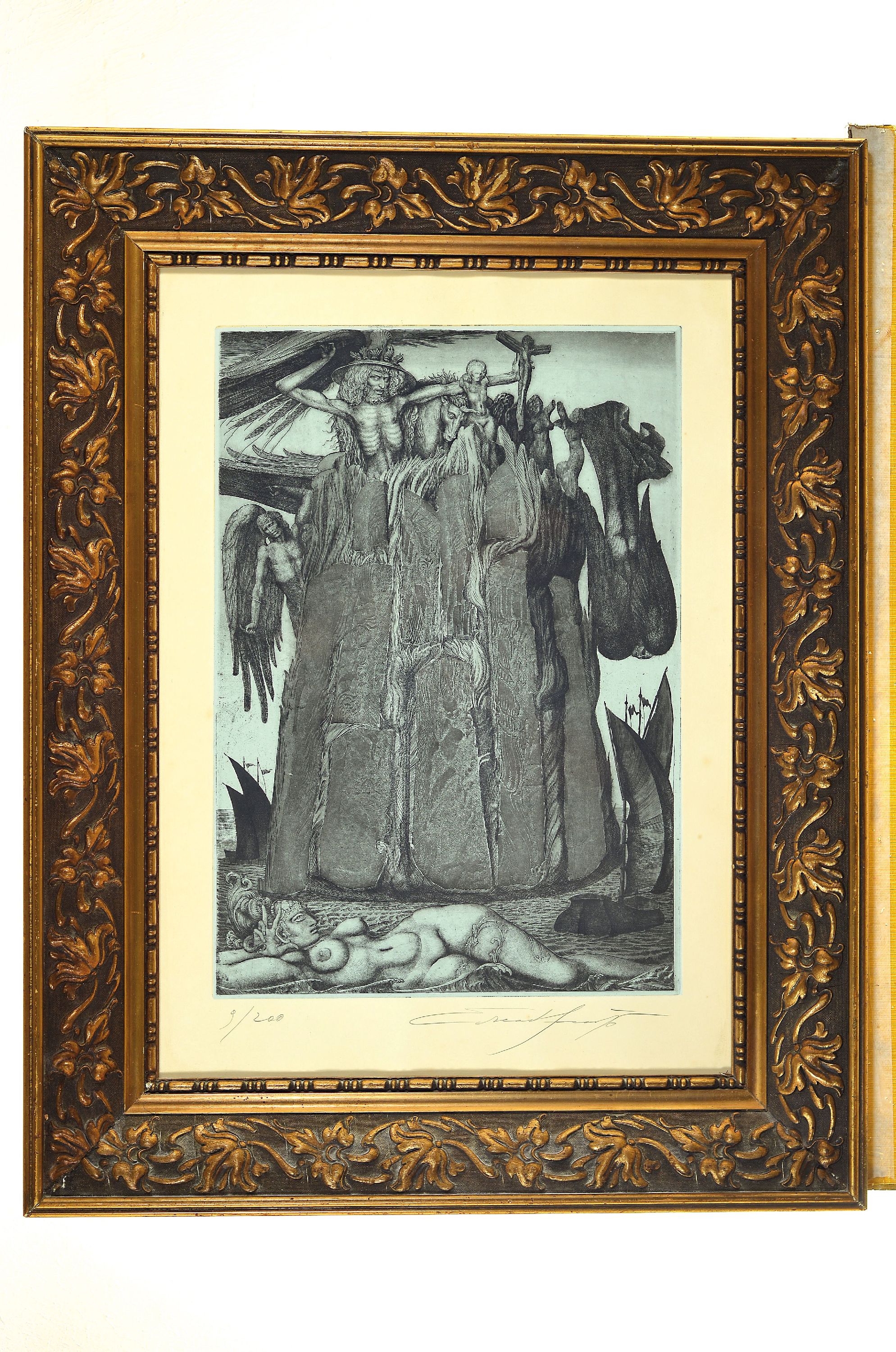Detail k: Ernst Fuchs,1930-2015, Radierung, Das Gefängnis des Ikarus, num. 9/200, handsigniert, blau getönter Untergrund, Platte: ca. 50 x 35 cm, Rahmen ...