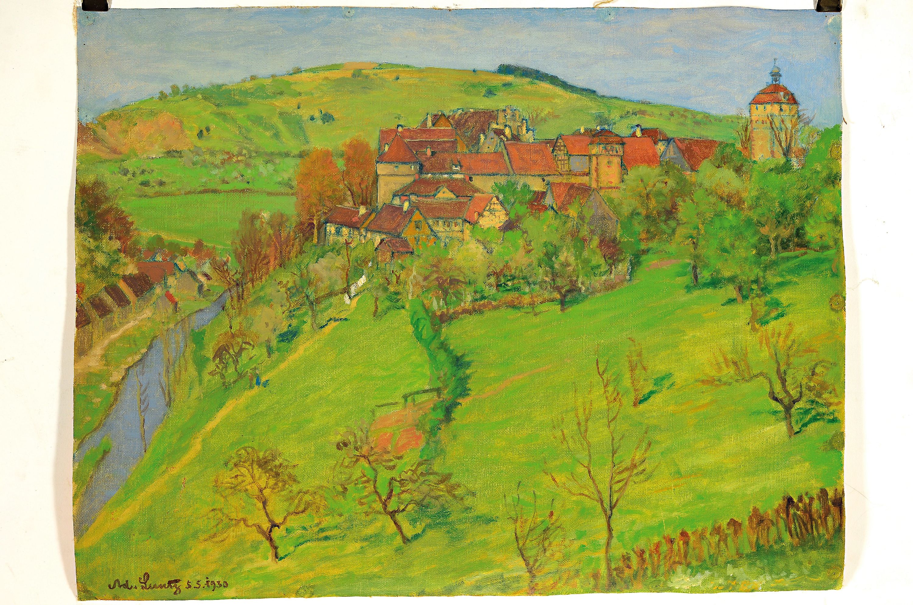 Detail k: Adolf Luntz, 1875 Wien-1924 Karlsruhe, Sommerliche Landschaft mit Ortschaft und Bachlauf, Öl/Lwd, ohne Keilrahmen, links unten signiert und dat. ...