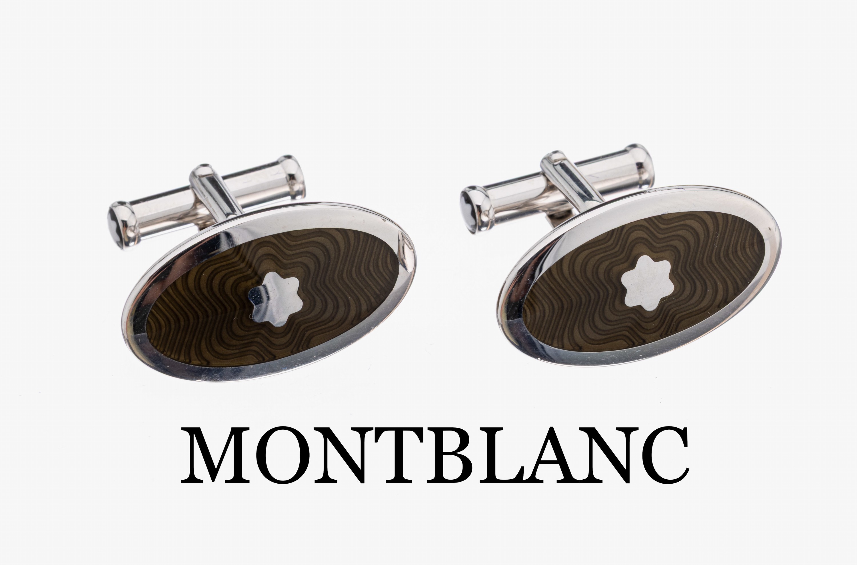 Paar MONTBLANC Email Manschettenknöpfe, 925er Silber, Made in Germany, ovale Platte mit Montblanc Emblem, umgeben von wellenf. Email, schöne ...