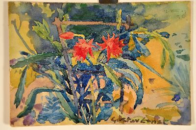 26941228k - Gustav Ernst, 1858 Elsterberg-1945 Bad Dürkheim, Blumen am Spalier, Aquarell auf ...