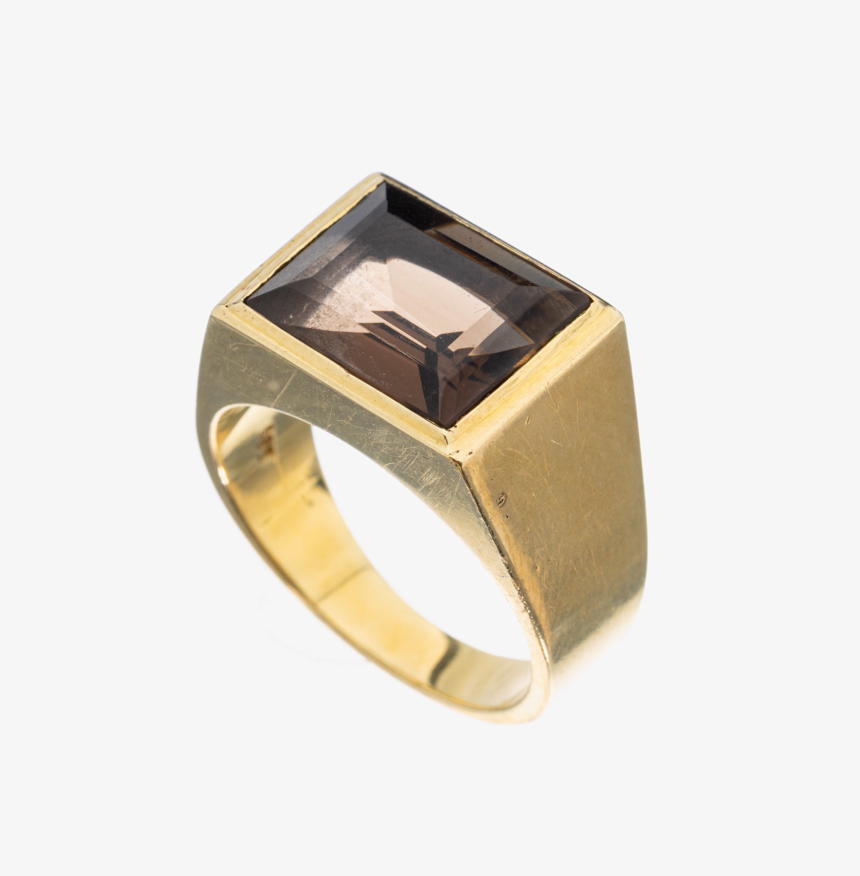 14 kt Gold Rauchquarz-Ring, GG 585/000, qualitätvolle Verarbeitung, Rauchquarz im Treppenschliff, RW 63, ca. 14.1 g