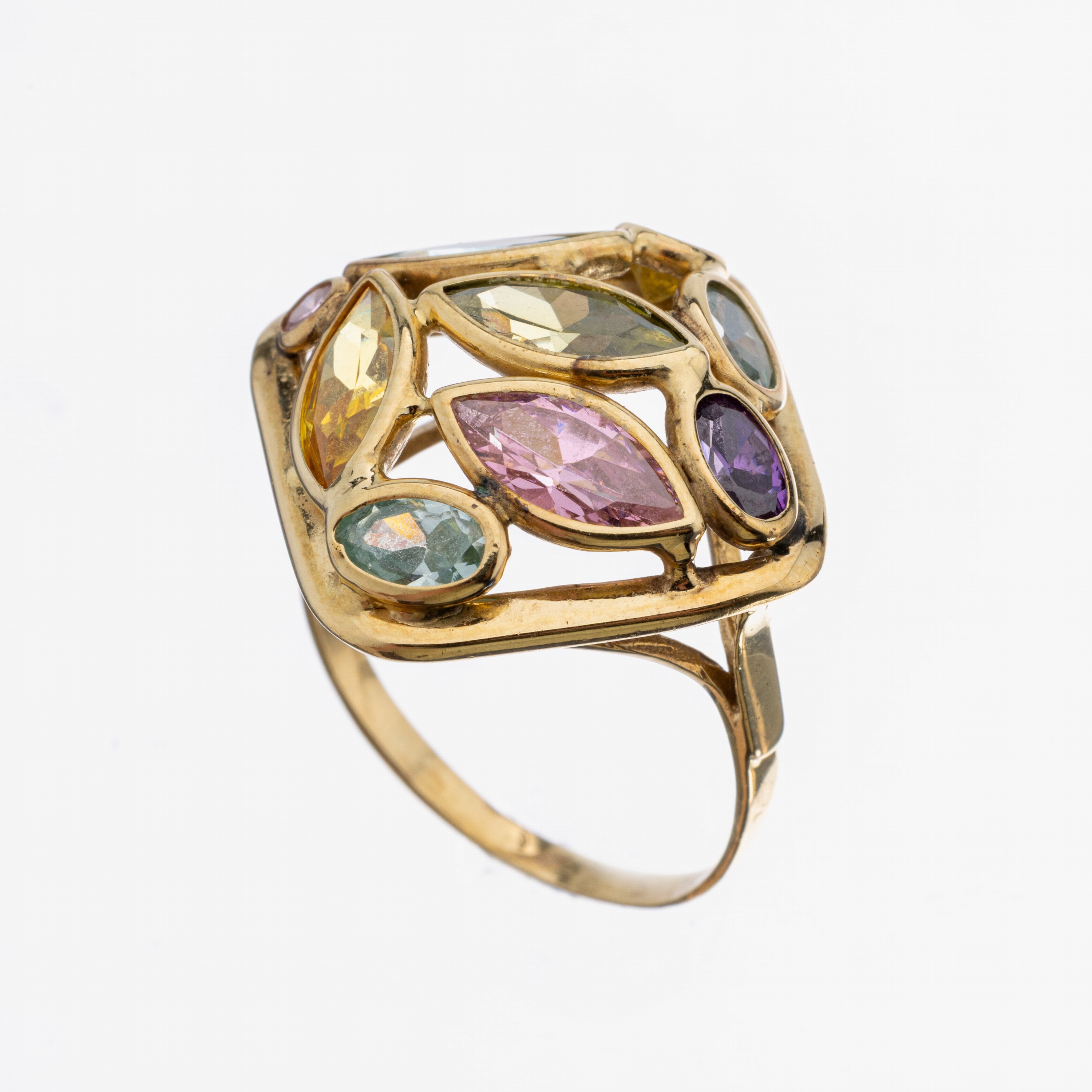14 kt Gold Farbstein-Ring, 1950er Jahre, GG585/000, facett. Farbsteine in versch. Schliffformen u.a. Amethyst, Morganit, Peridotund Blautopas ...
