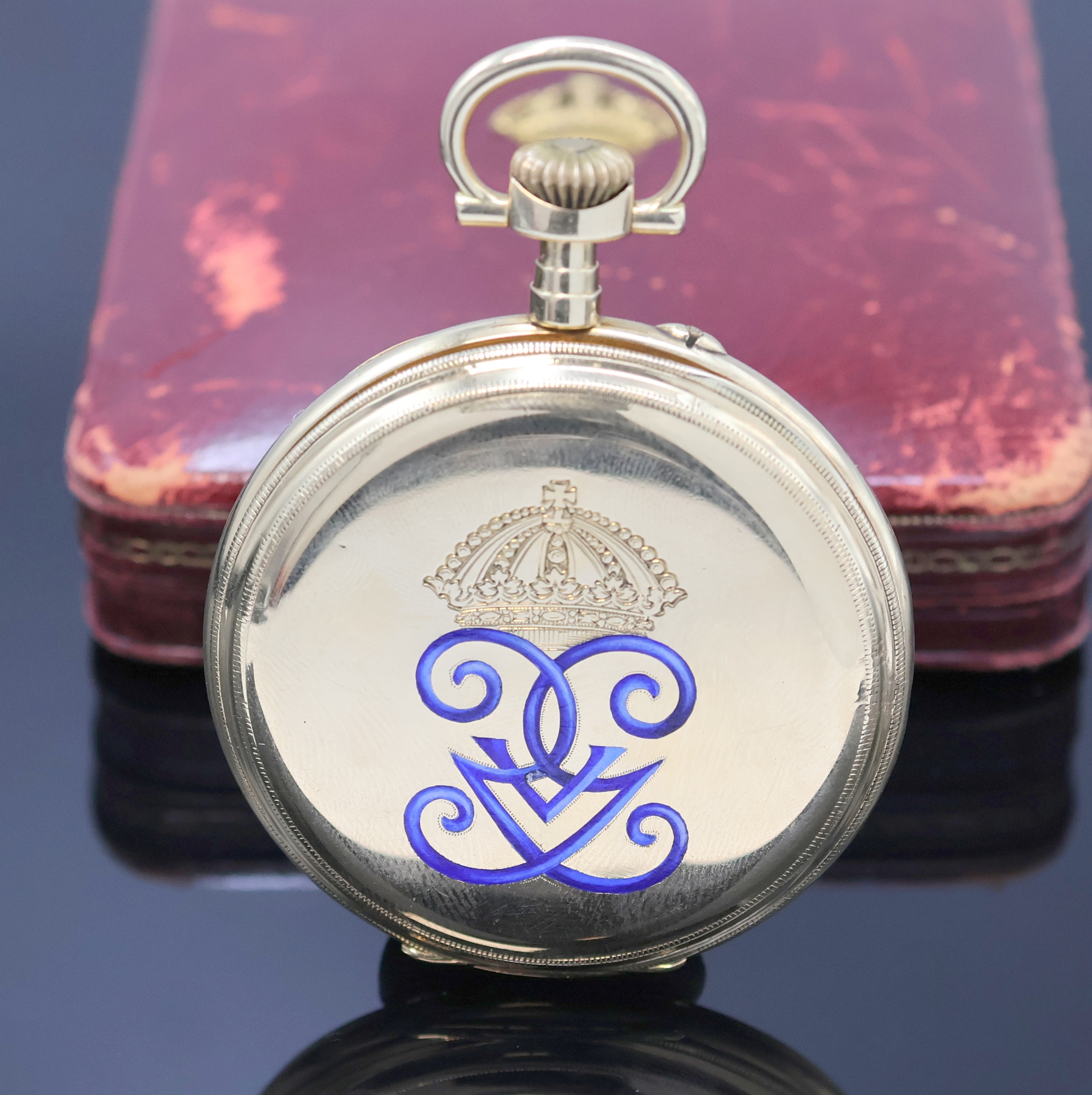 Detail a: JULES C. BREITMEYER / G. W. Lindenroth offene Herrentaschenuhr in GG 750/000, Schweiz/Schweden um 1900, Geh. dell., Rückdeckel m. Email-Monogramm, ...