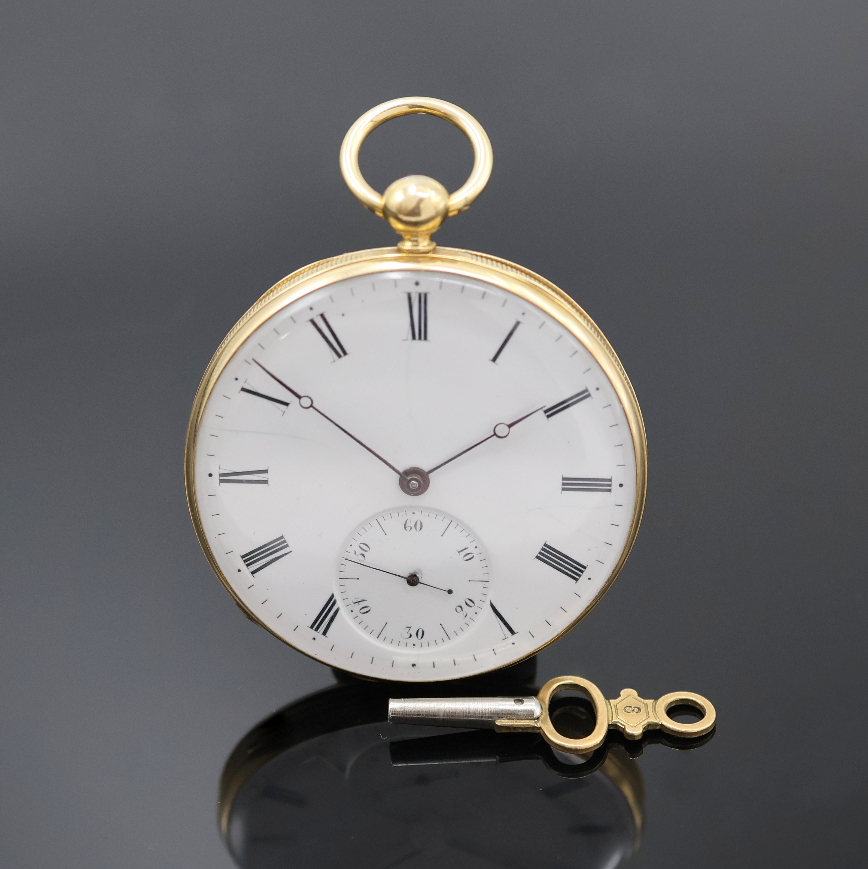 VACHERON & CONSTANTIN offene Herrentaschenuhr in GG 750/000, Schweiz lt. Zertifikat um 1848, Geh. dell., Goldcuvette, Emailzifferbl. riss., röm. ...