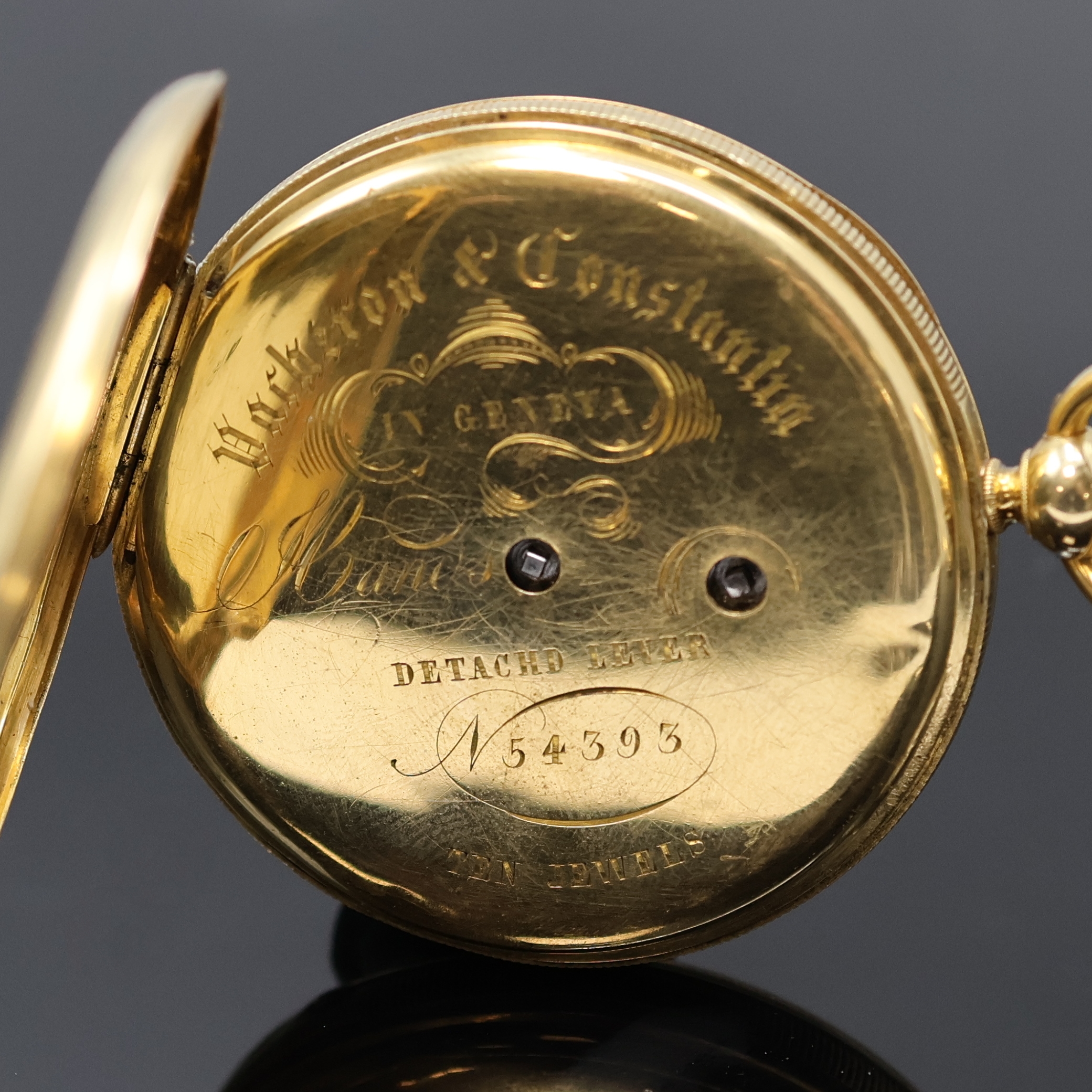 Detail c: VACHERON & CONSTANTIN offene Herrentaschenuhr in GG 750/000, Schweiz lt. Zertifikat um 1848, Geh. dell., Goldcuvette, Emailzifferbl. riss., röm. ...