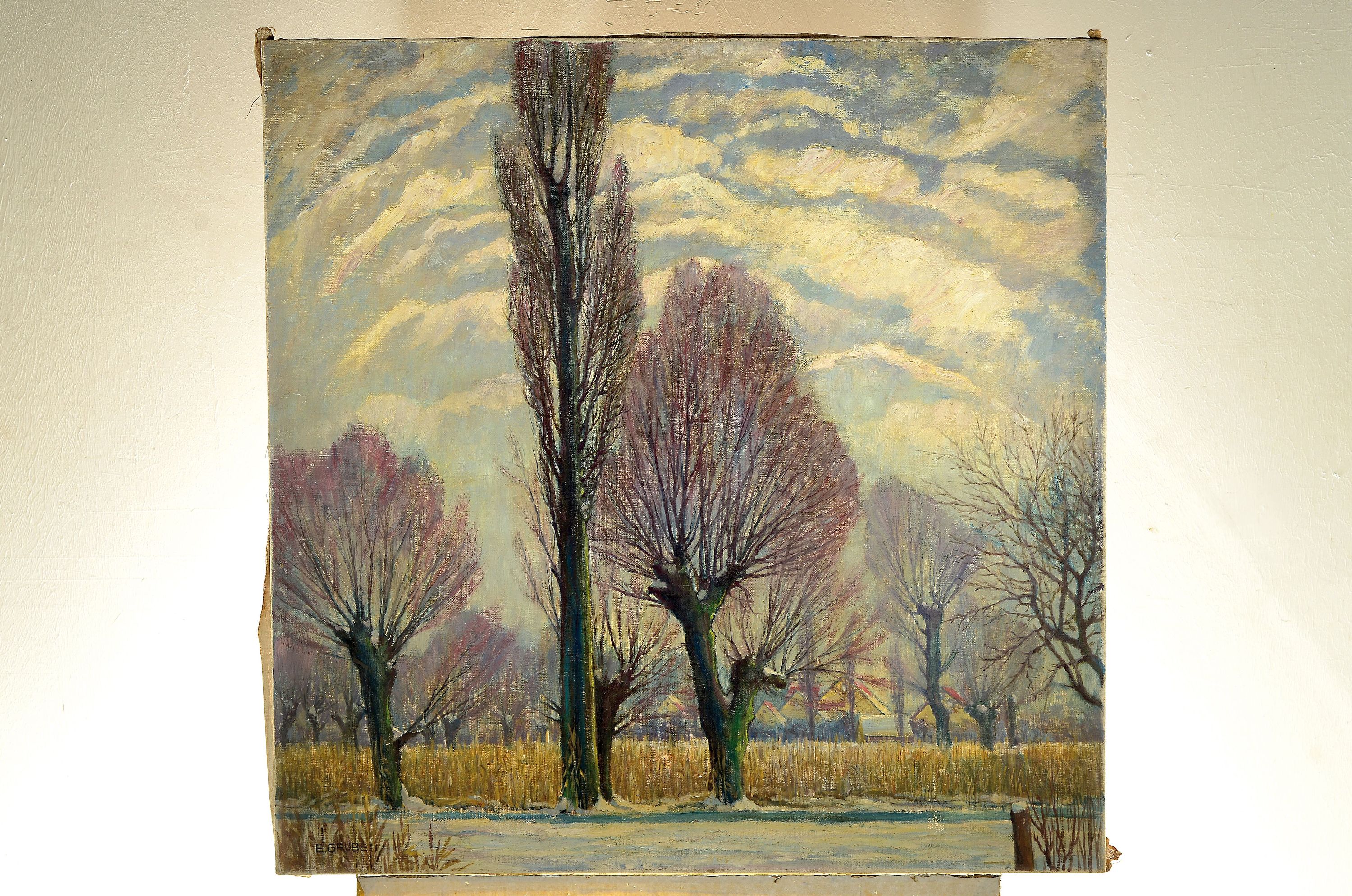 Detail k: Erich Grube, 1890 Berlin - 1952 Frankfurt/M., "In Bohnsdorf" betitelt, Ortsteil von Berlin, Winterlandschaft, li. unten signiert, ca. 101 x ...