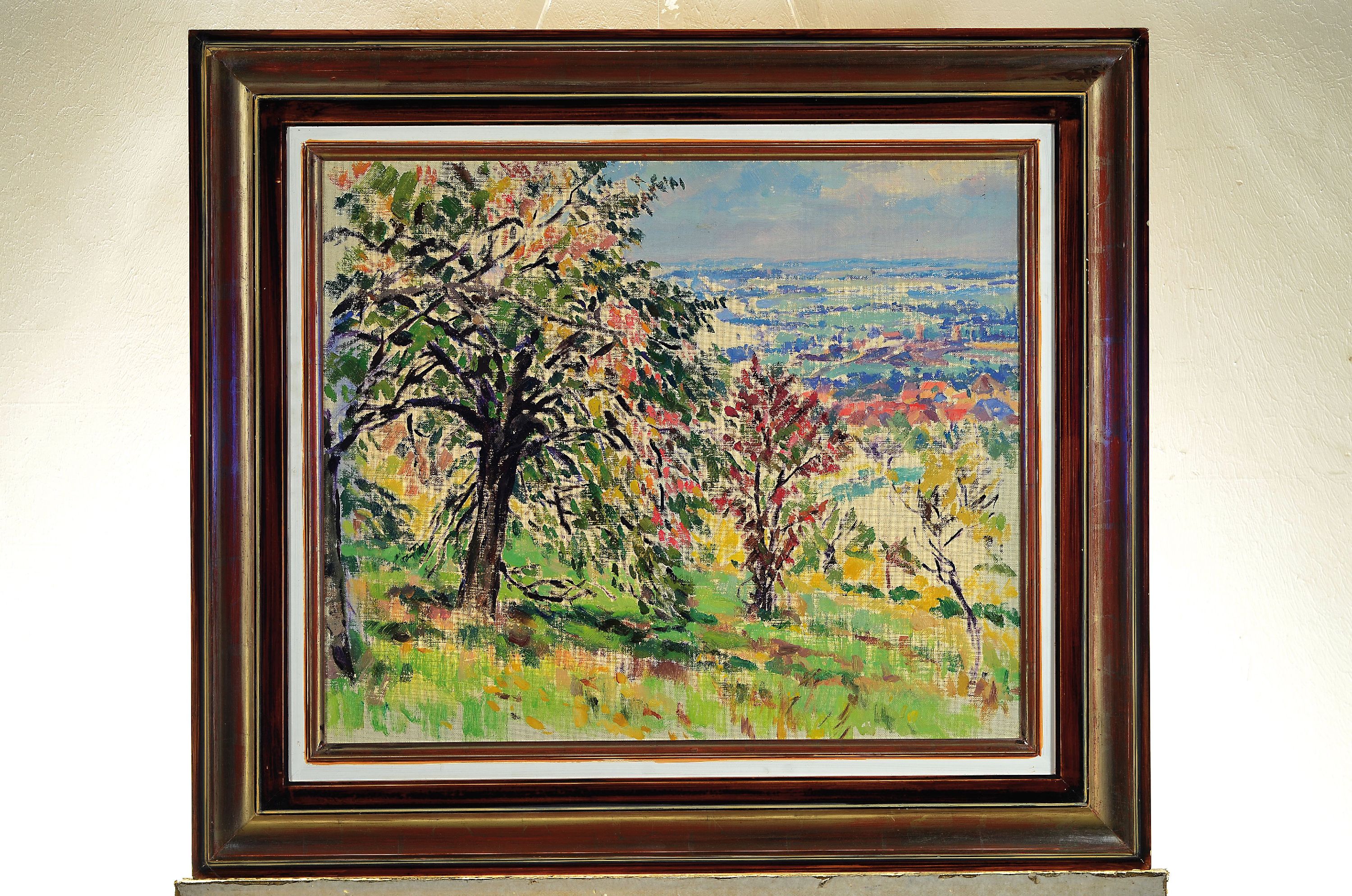 Detail k: Unbekannter franz. Künstler, um 1930, "Printemps", Frühlingslandschaft mit Blick in die Ebene, Öl/Lwd, rückseitig betitelt, unsigniert, ...