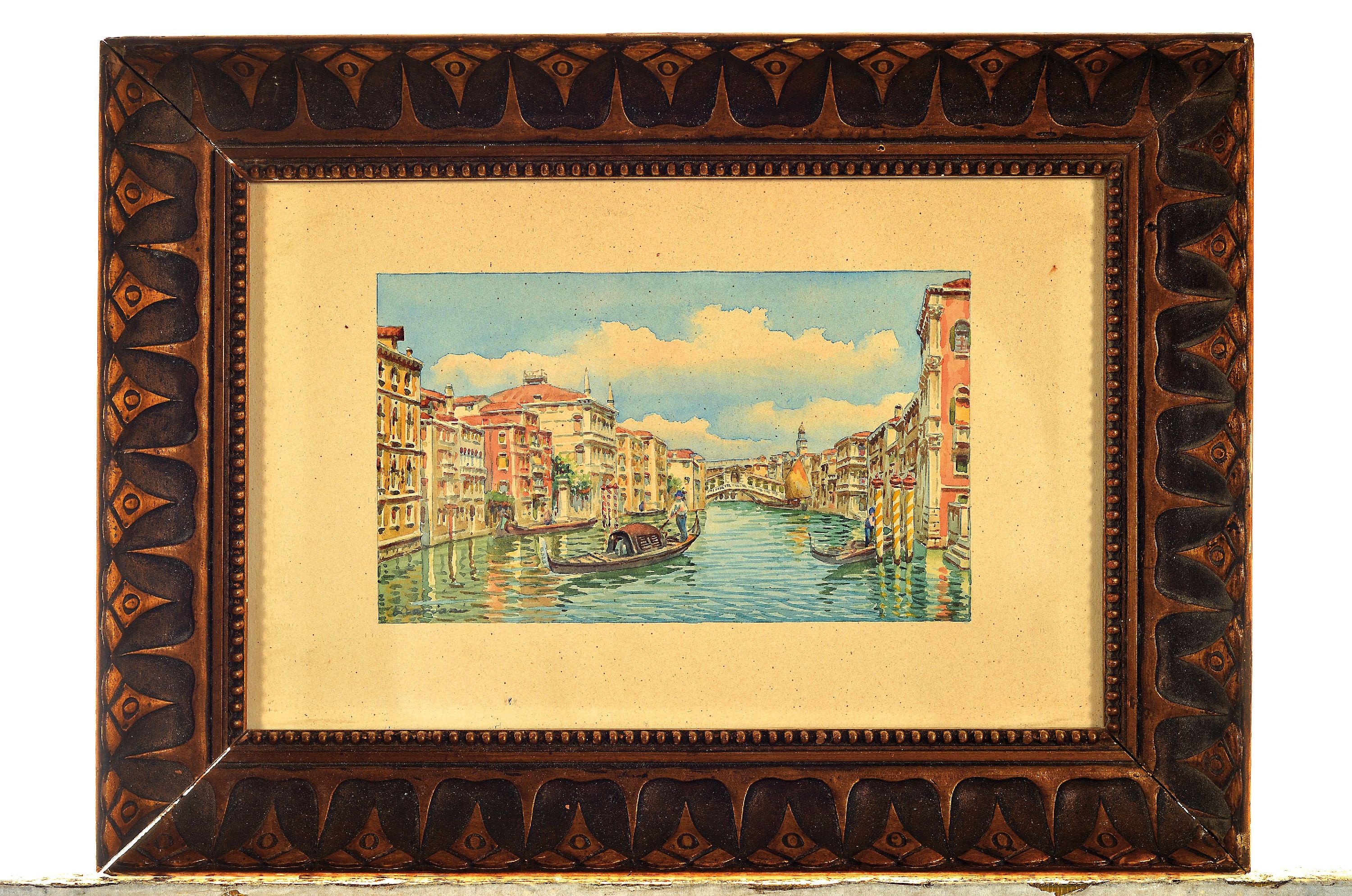 Detail k: Unleserlich signiert, Italien, um 1800, Ansicht von Venedig mit Gondeln, Aquarell, li. unten unleserlich signiert ca. 10 x 16.5 cm, unter Glas, ...