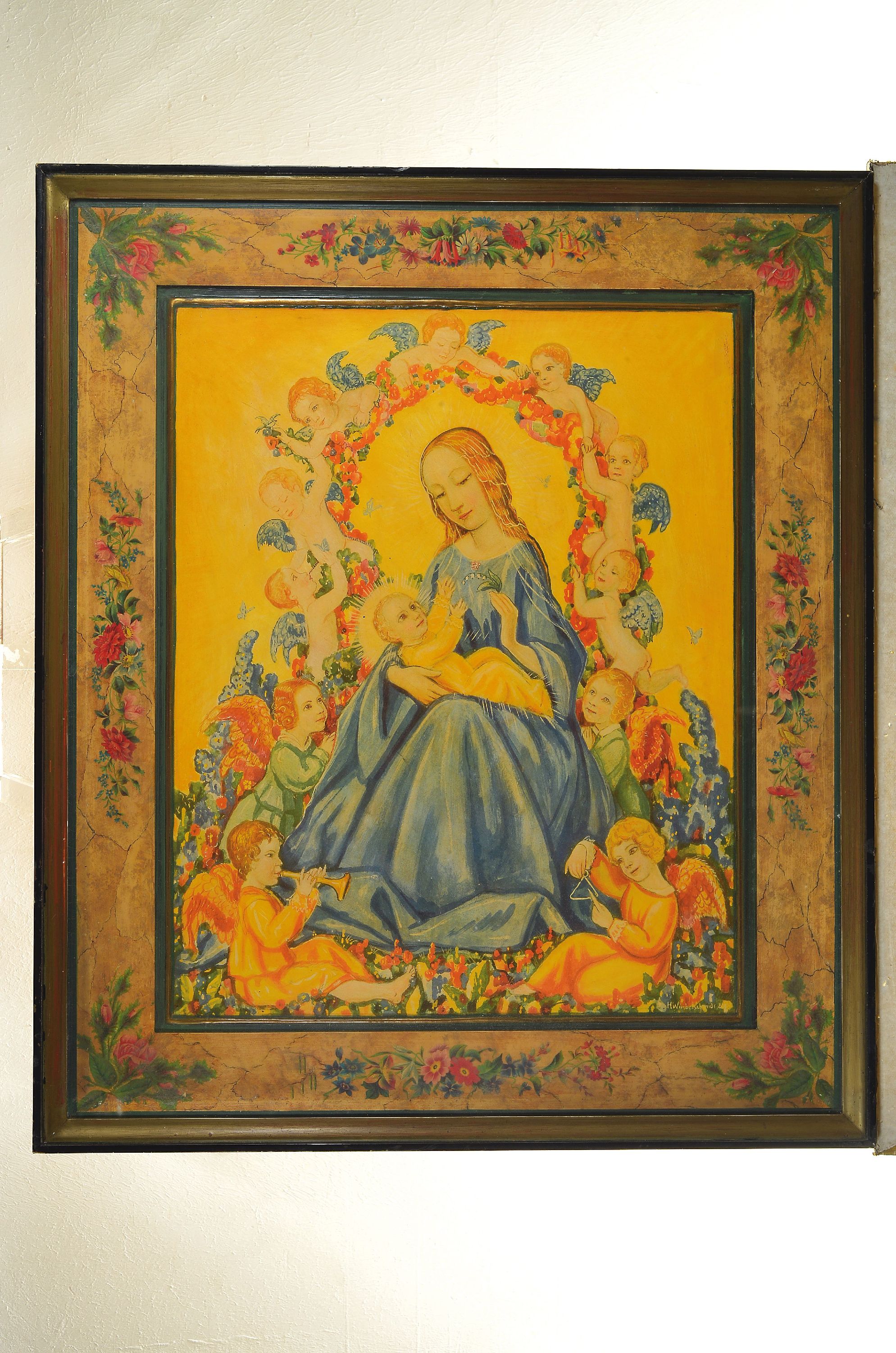 Detail k: Heinrich Windelschmidt, 1884- 1963, Madonna mit Kind, Öl/Pappe, signiert, ca. 55x43 cm, unter Glas, bemaltes PP., Rahmen ca. 76 x 65cm, Altersspuren