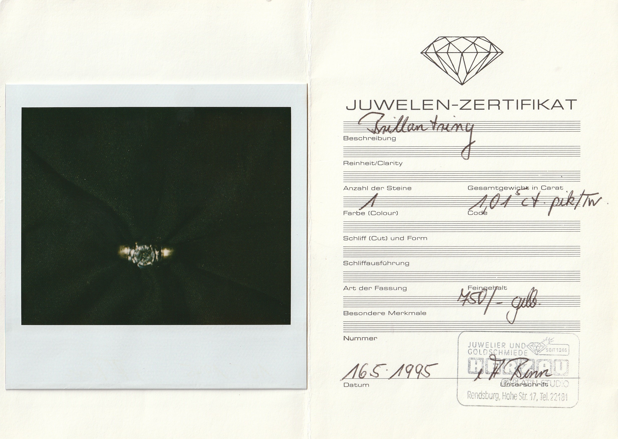 Detail a: 18 kt Gold Brillant-Ring, GG/WG 750/000, inWG gefasster Brillant ca. 1.01 ct feines Weiß/p 1, RW 56, ca. 8.0 g, Juwelier- Zertifikat von 1995 anbei