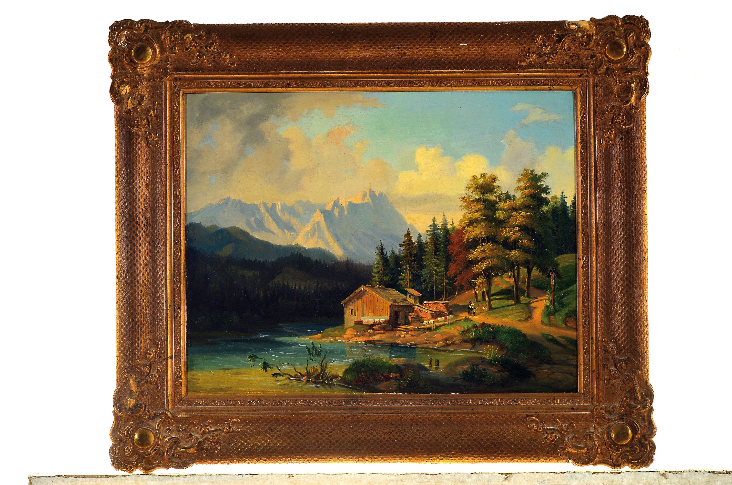 Detail k: Unbekannter Spätromantiker, um 1850/60, romantische Gebirgslandschaft mit Hütte am See, Öl/Lwd, unsigniert, ca. 33 x 43 cm, Rahmen aus der Zeit, ...