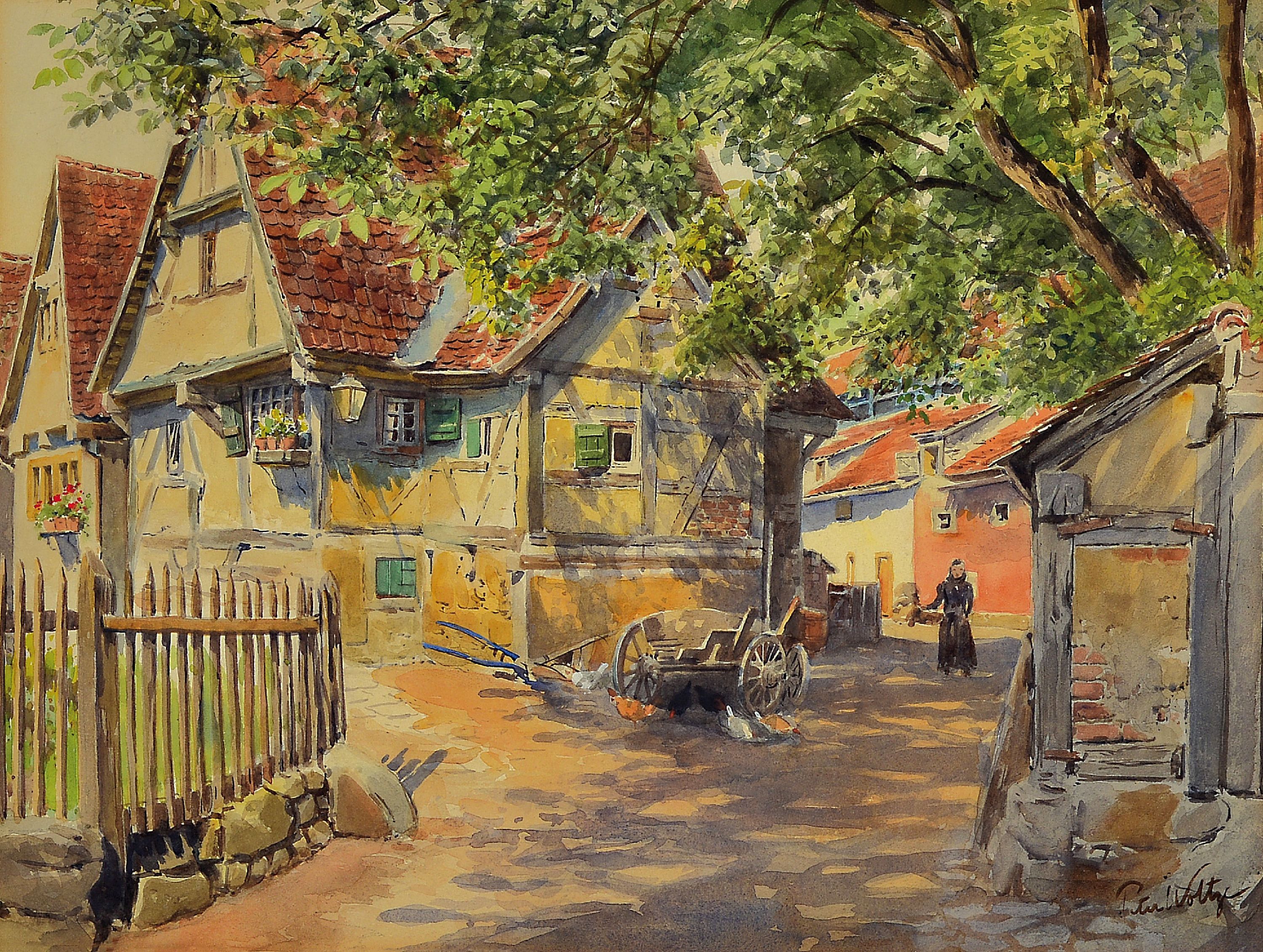 Detail a: Peter Woltze, 1860 - 1925 Weimar, zwei Aquarelle, Dorfstraße mit Gänsen und Hirtenjunge, signiert, dat. 1918, PP. ca. 38.5 x 20 cm, unter Glas, ...