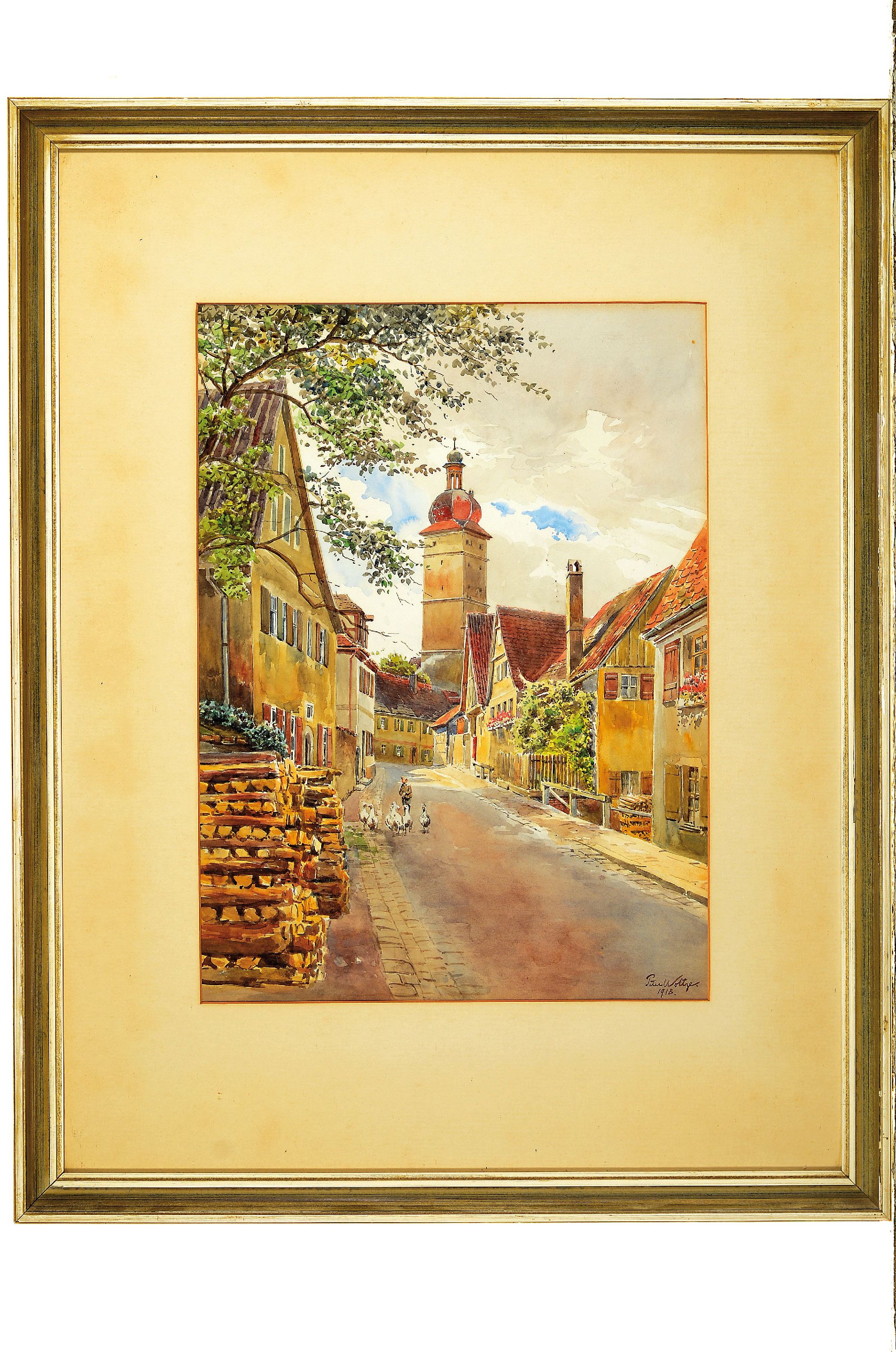 Detail k: Peter Woltze, 1860 - 1925 Weimar, zwei Aquarelle, Dorfstraße mit Gänsen und Hirtenjunge, signiert, dat. 1918, PP. ca. 38.5 x 20 cm, unter Glas, ...