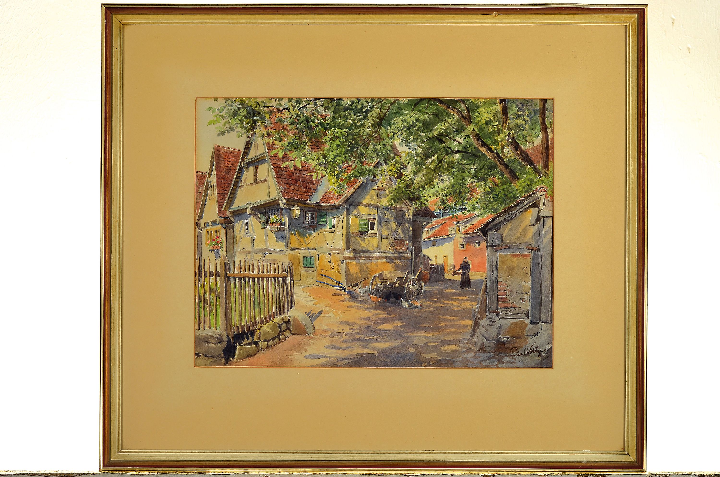 Detail l: Peter Woltze, 1860 - 1925 Weimar, zwei Aquarelle, Dorfstraße mit Gänsen und Hirtenjunge, signiert, dat. 1918, PP. ca. 38.5 x 20 cm, unter Glas, ...